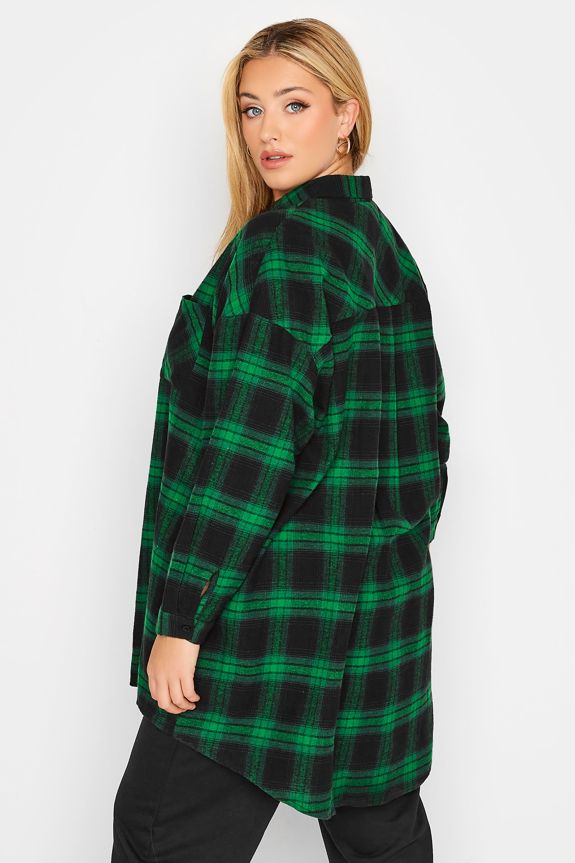 Plus Size Green & Black Check Brushed Boyfriend Shirt | Yours Clothing 3