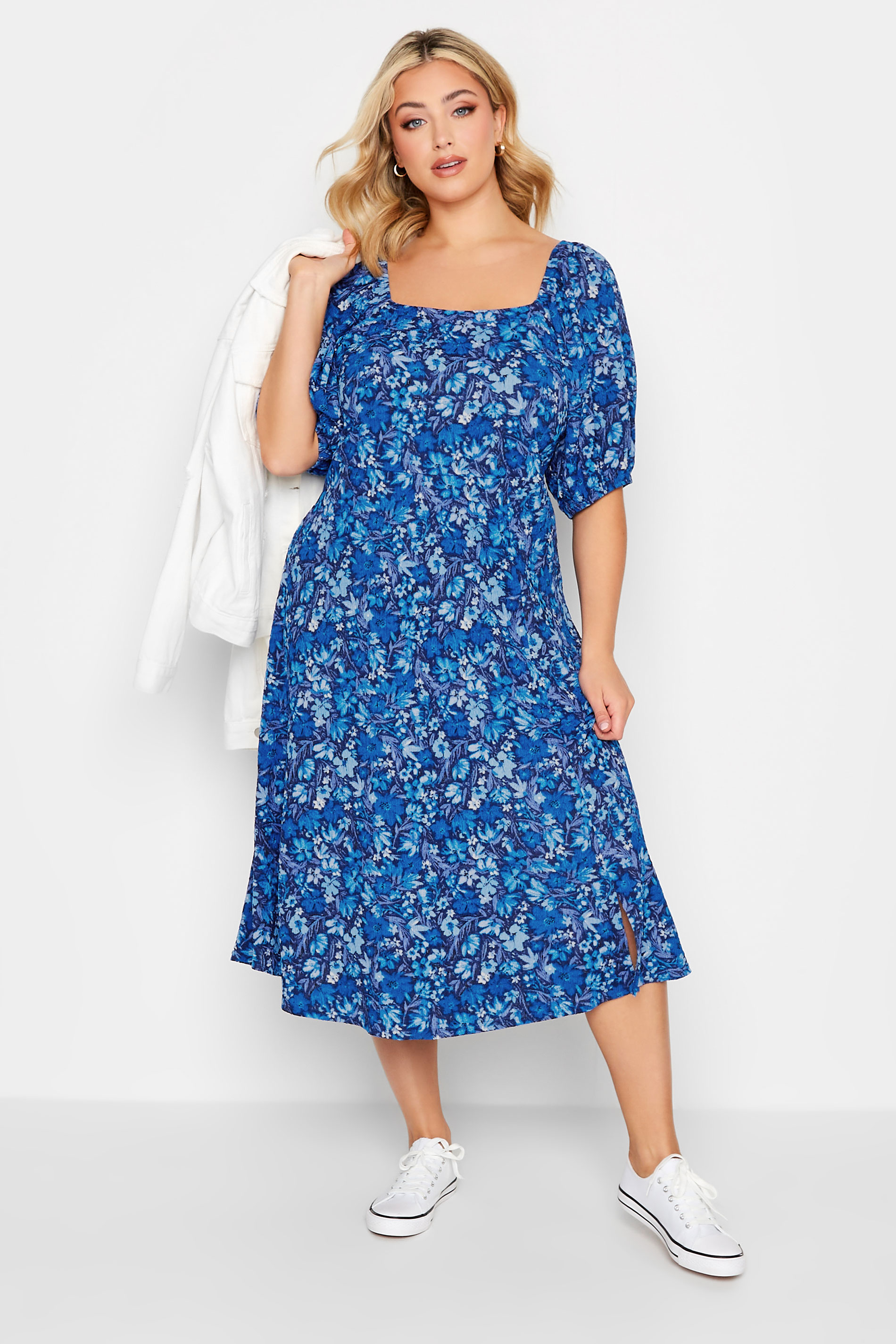 YOURS Plus Size Blue Ditsy Print Square Neck Midaxi Dress | Yours Clothing