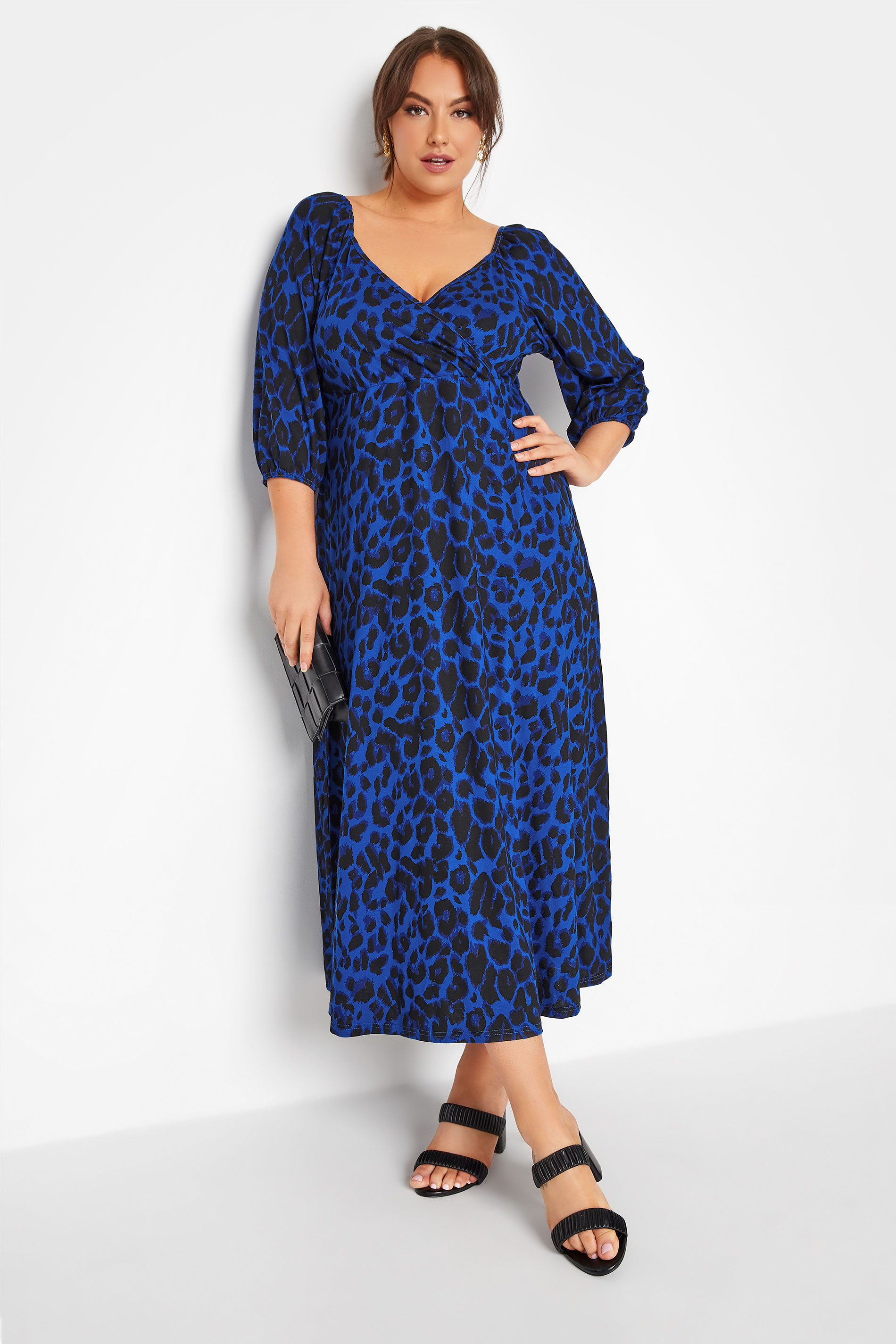 LIMITED COLLECTION Curve Navy Blue Leopard Print Wrap Milkmaid Dress 1