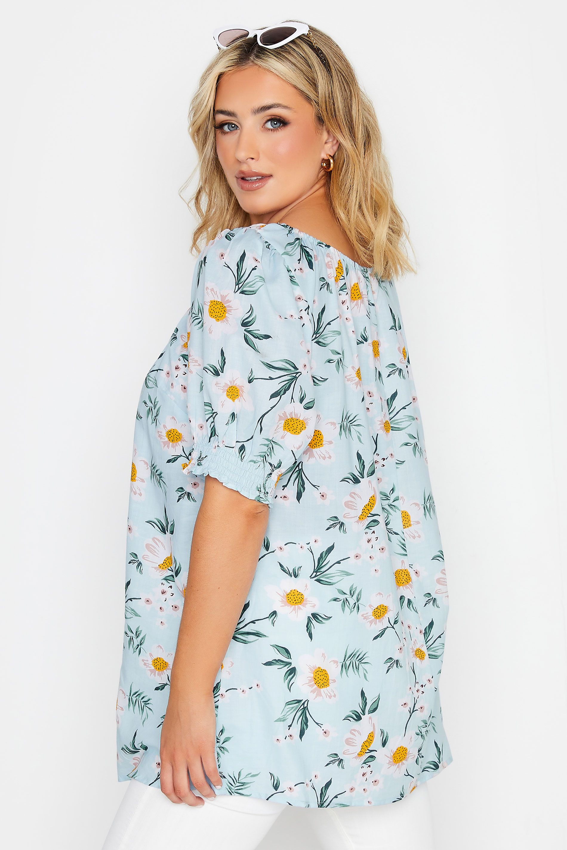YOURS Plus Size Light Blue Floral Print Gypsy Top | Yours Clothing 3