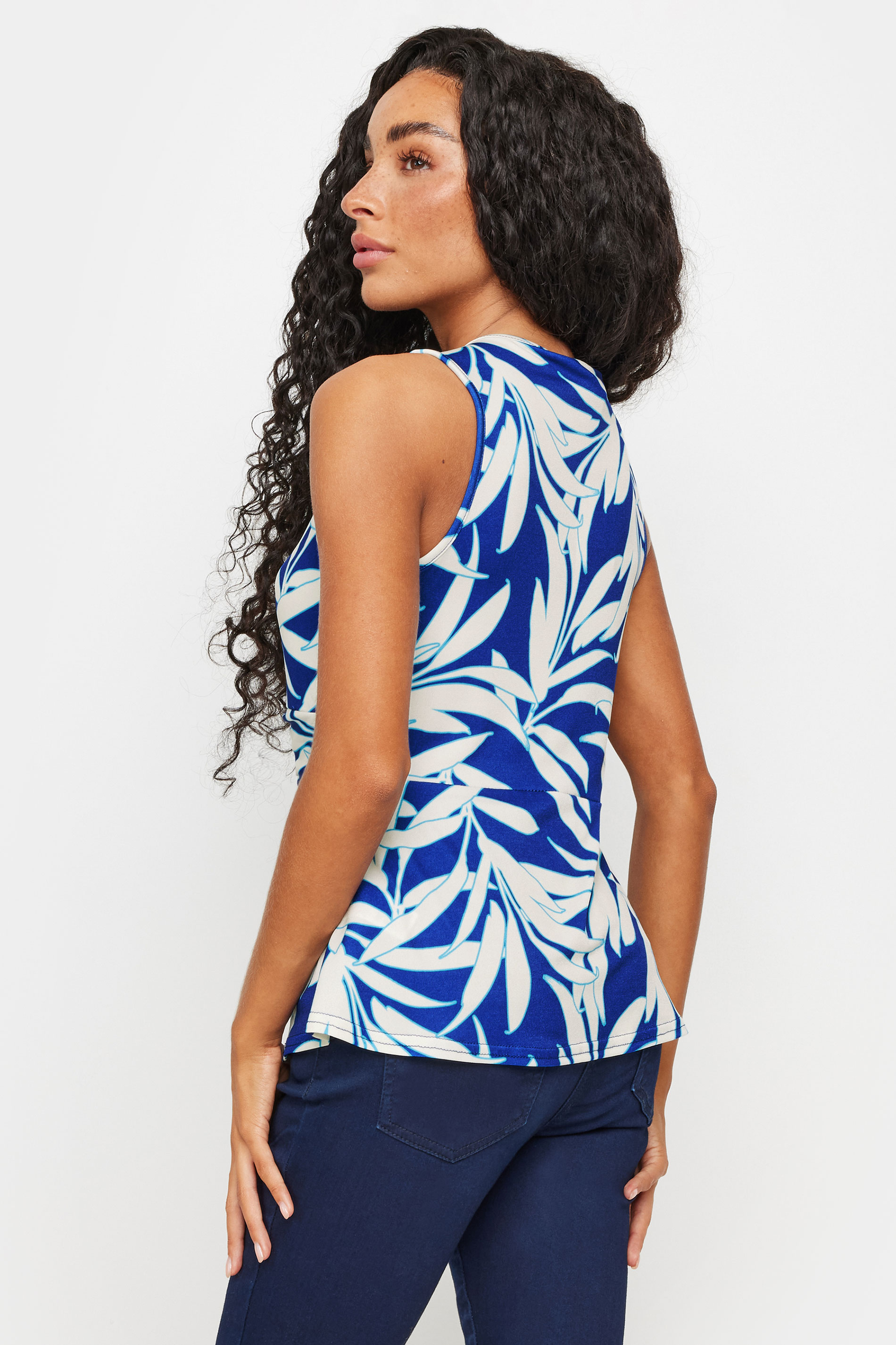 M&Co Petite Blue Tropical Leaf Print Twist Front Top | M&Co 2