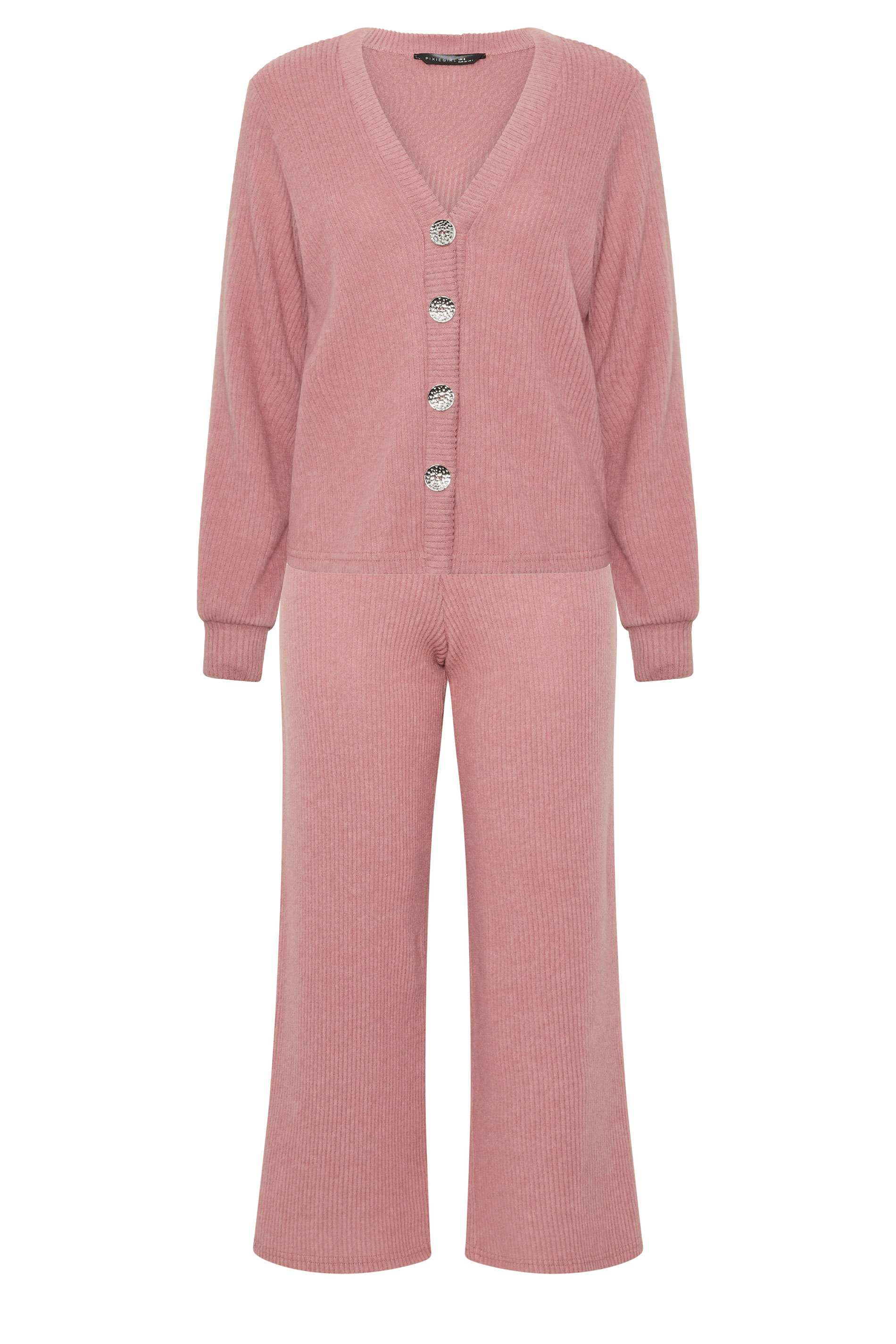 PixieGirl Petite Women's Set Pink Marl Ribbed Cardigan & Wide Leg Trousers | PixieGirl 5