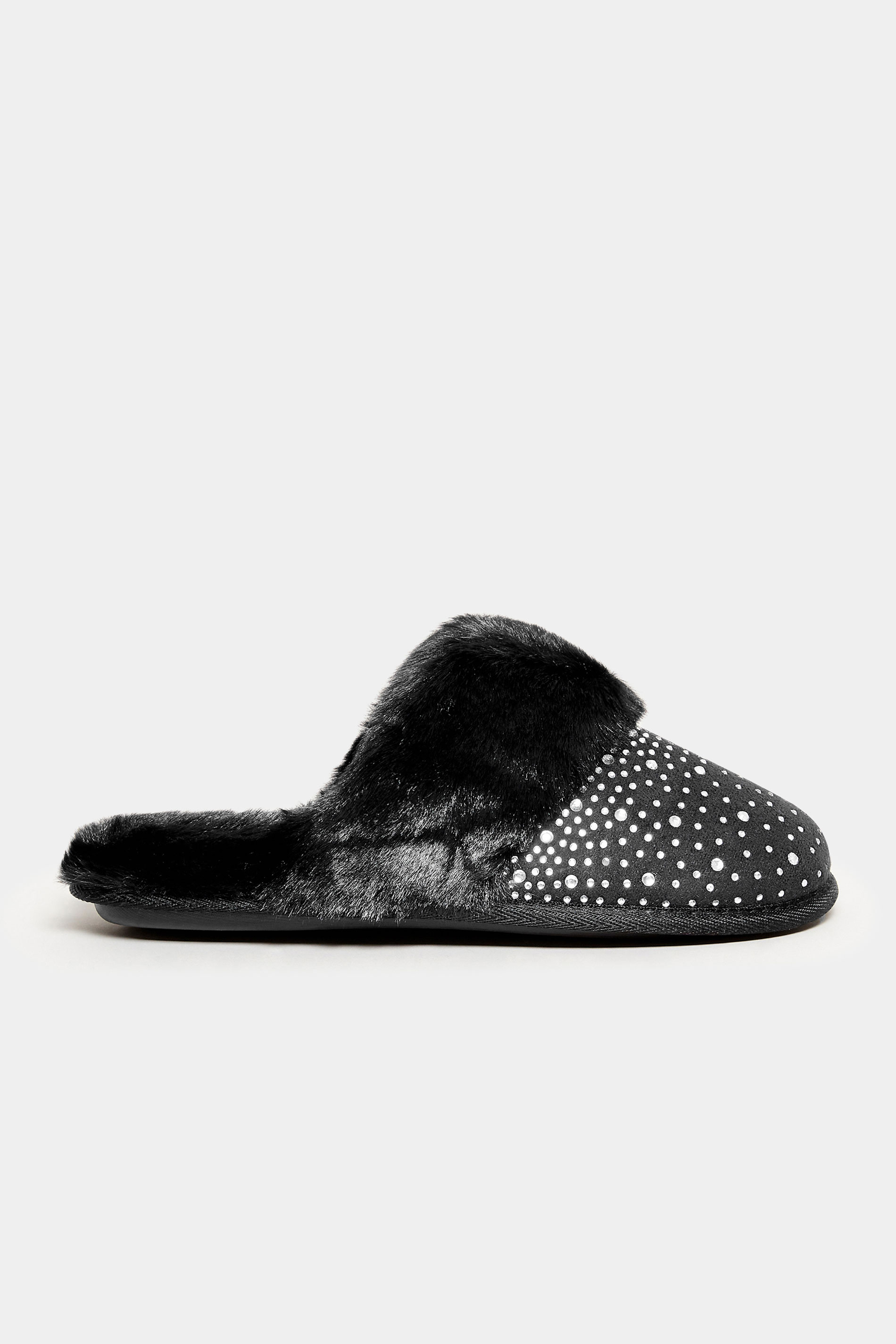 Black Faux Fur Diamante Embellished Mule Slippers In Extra Wide EEE Fit | Yours Clothing 3