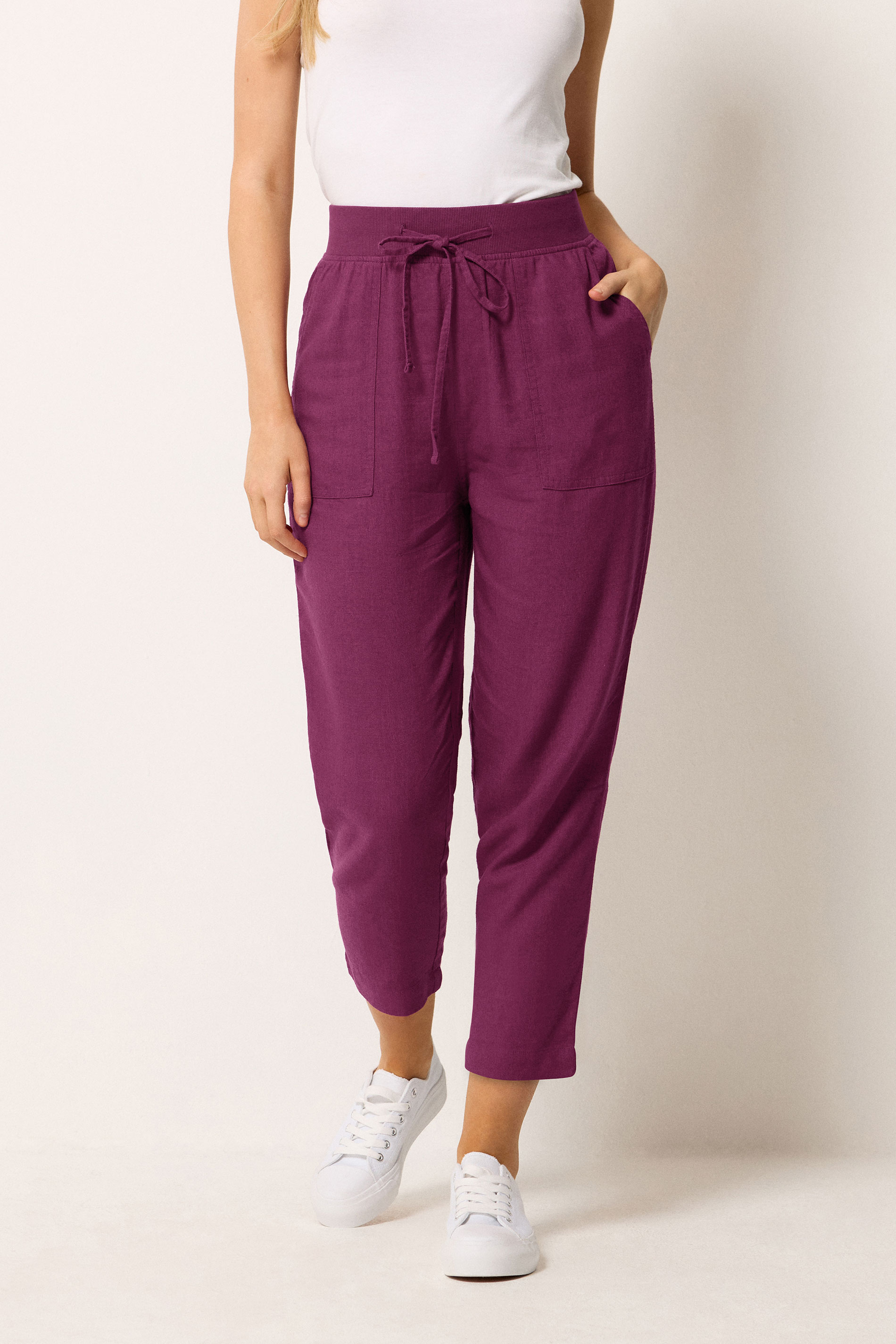 M&Co Berry Purple Cropped Linen Trousers | M&Co 3