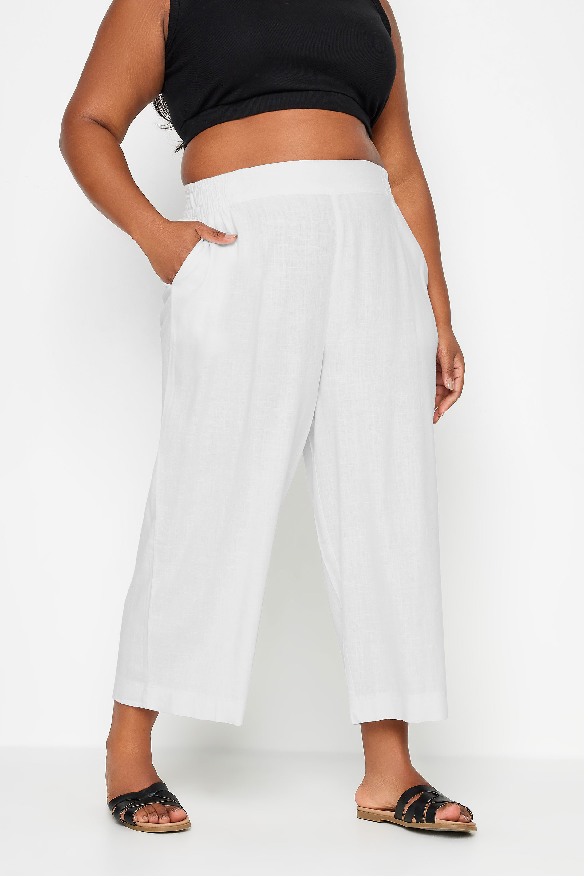 YOURS Plus Size White Wide Leg Cropped Linen Trousers | Yours Clothing 2