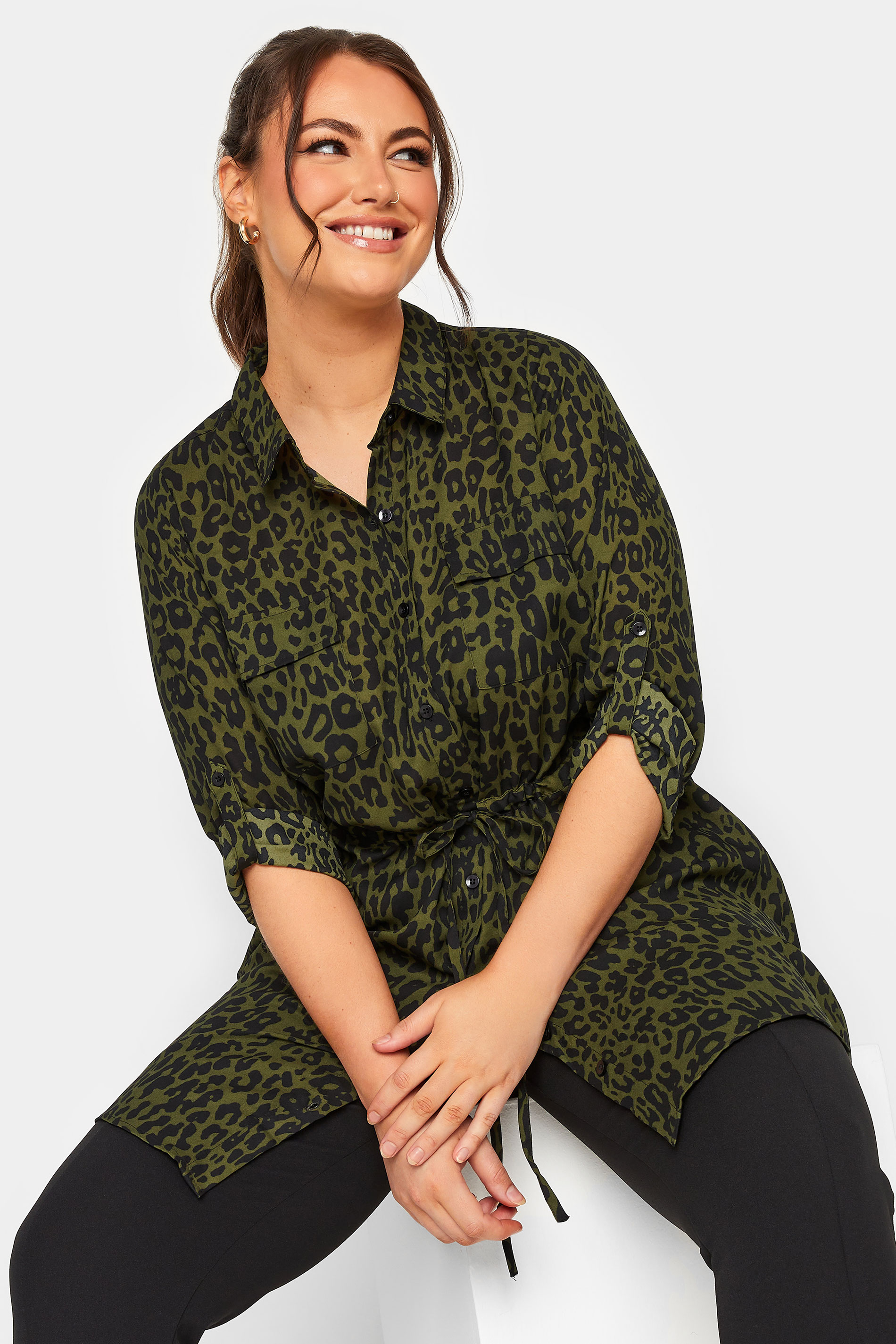 YOURS Plus Size Khaki Green Animal Print Utility Tunic Shirt | Yours Clothing 1