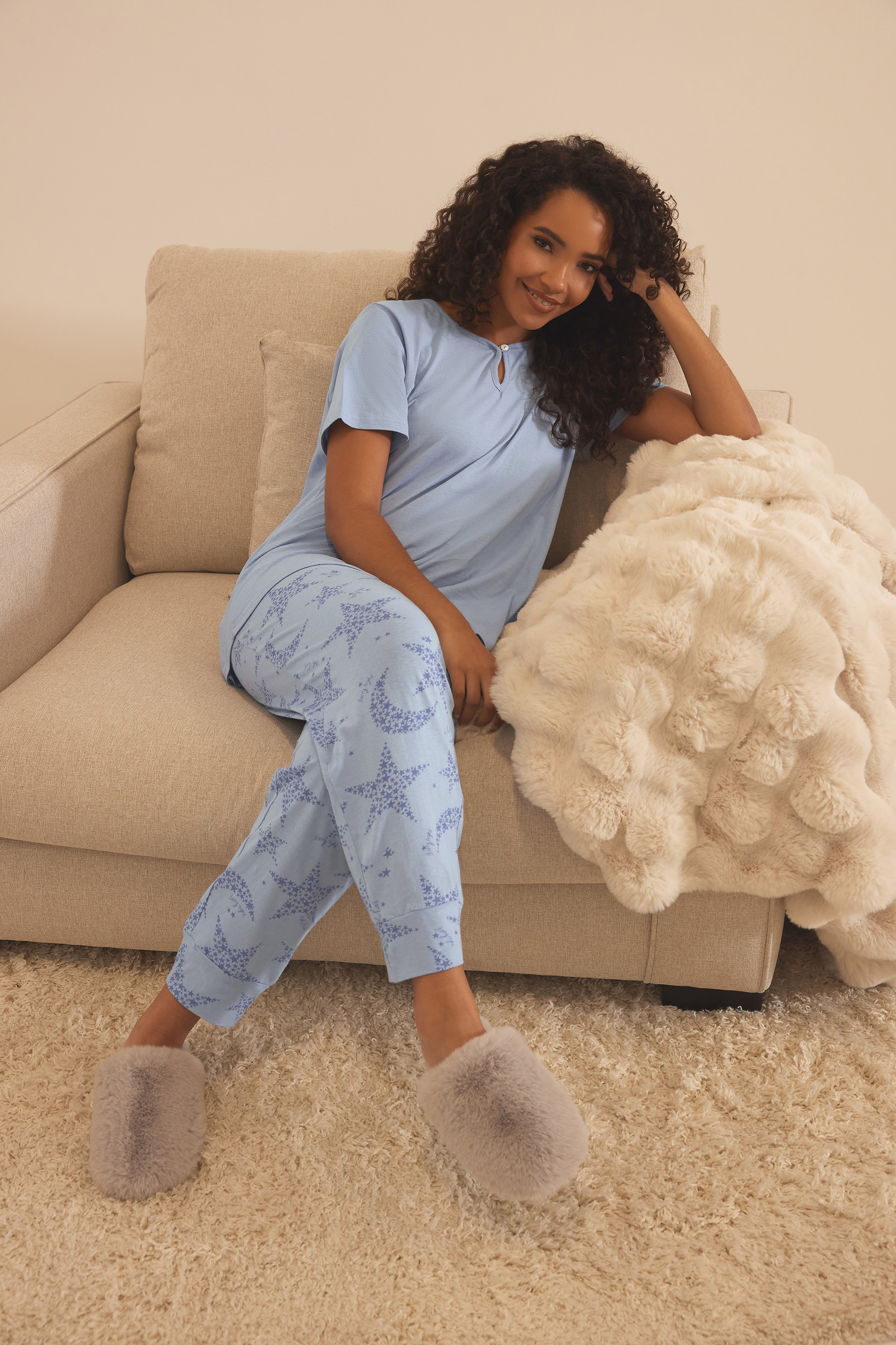 M&Co Blue Cotton Womens Star Print Pyjama Set | M&Co 1