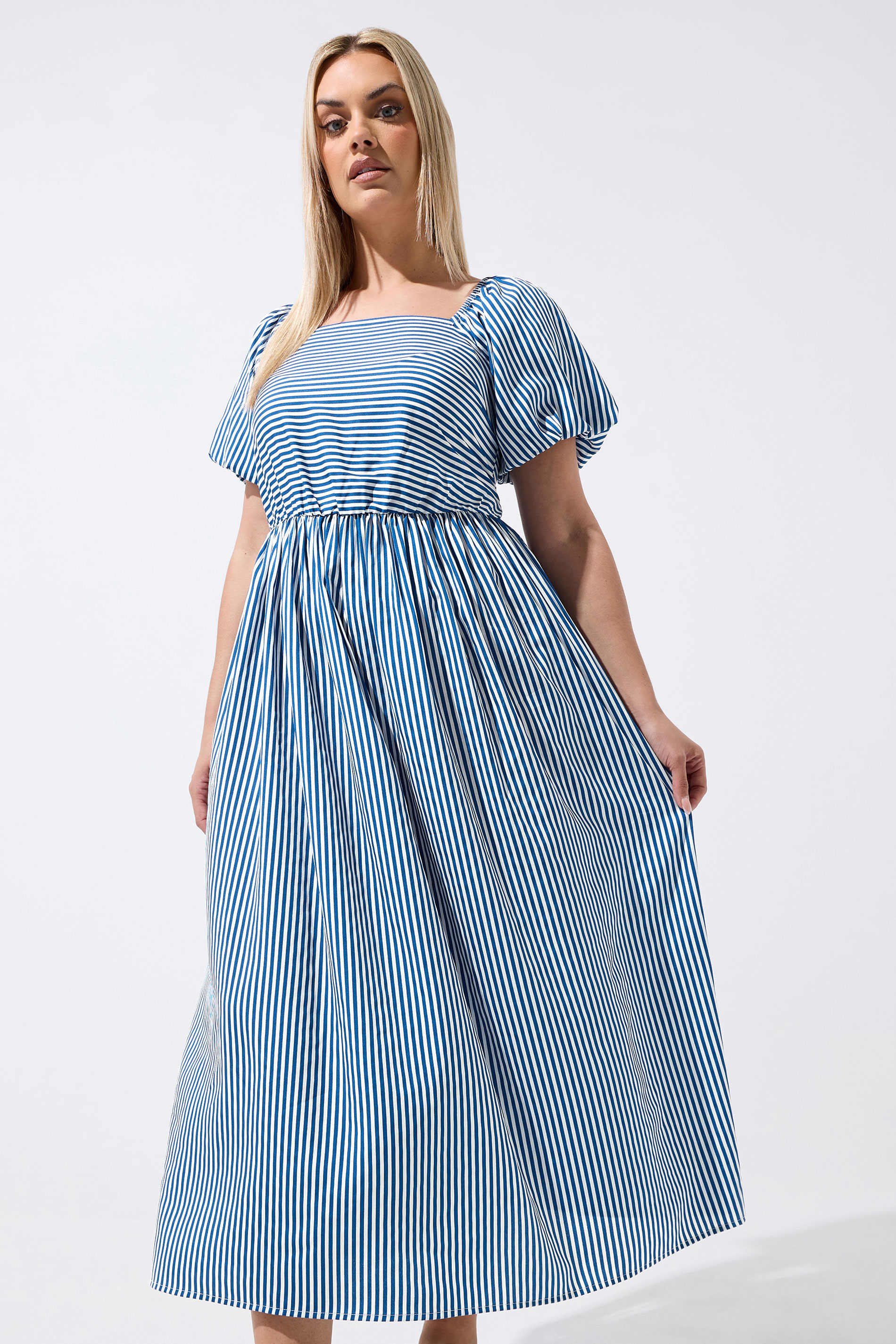 LIMITED COLLECTION Plus Size Blue Stripe Puff Sleeve Dress | Yours Clothing 1