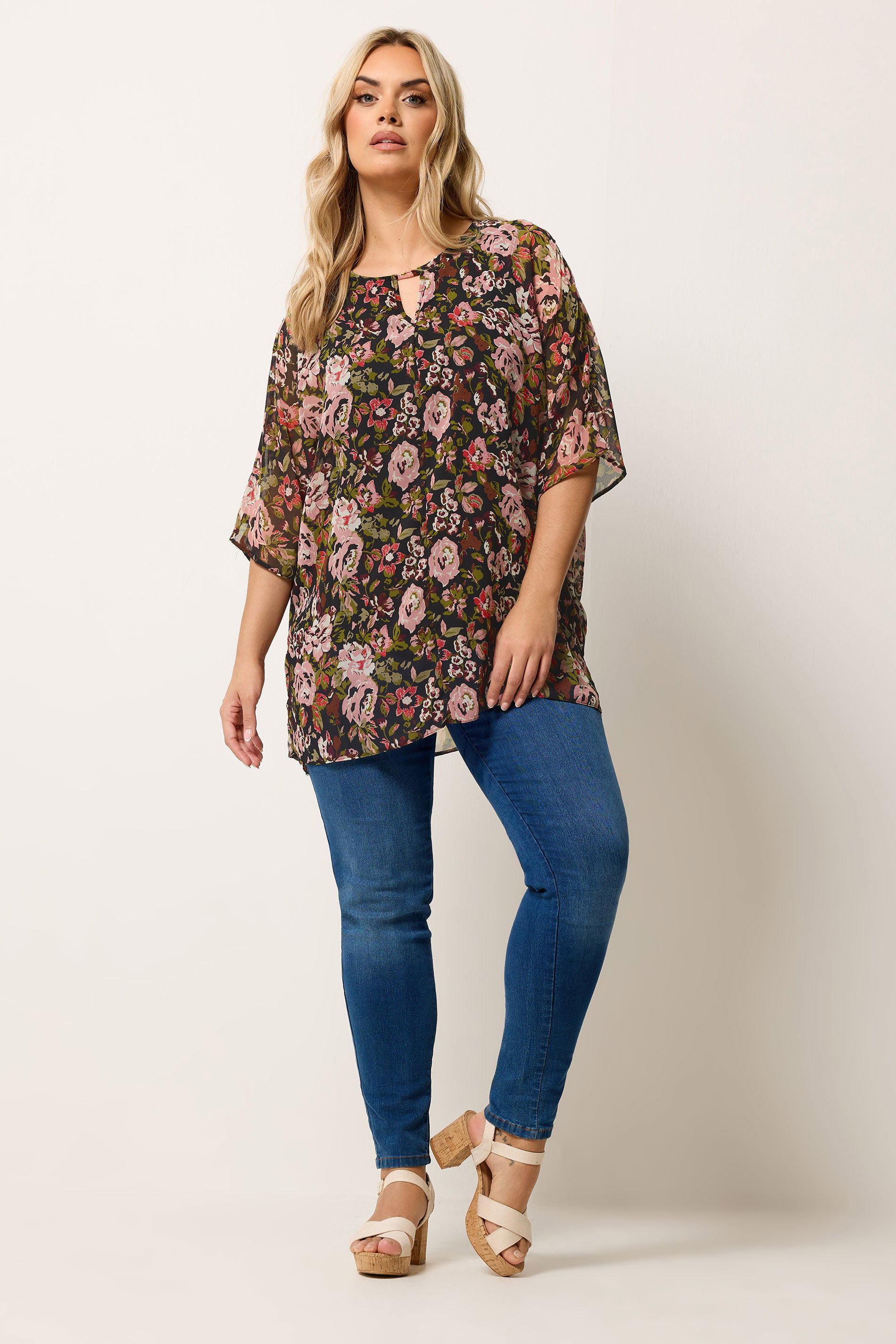 YOURS Plus Size Black Floral Print Keyhole Detail Top | Yours Clothing 1