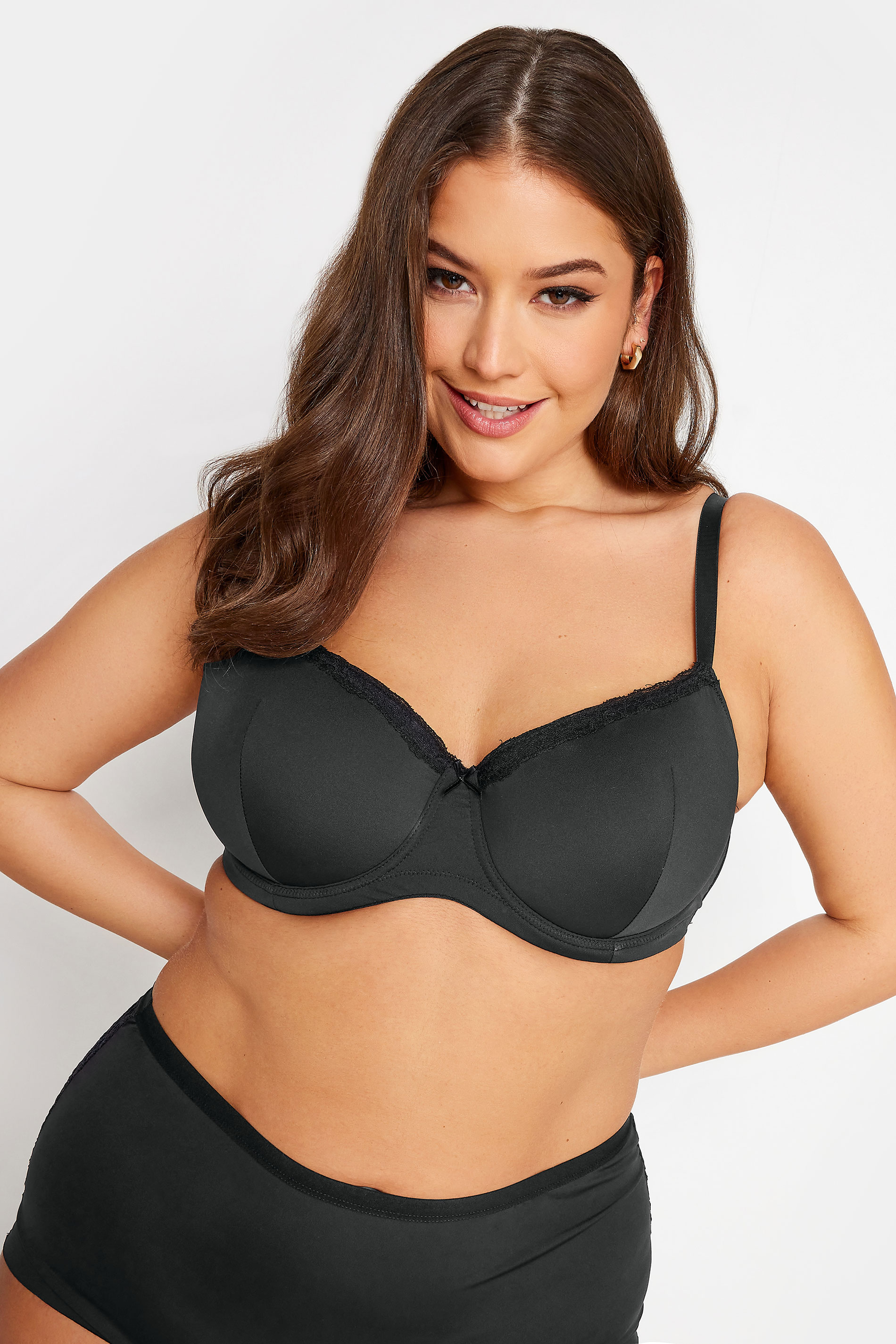 YOURS Plus Size Black Lace Trim Padded T-Shirt Bra | Yours Clothing 1