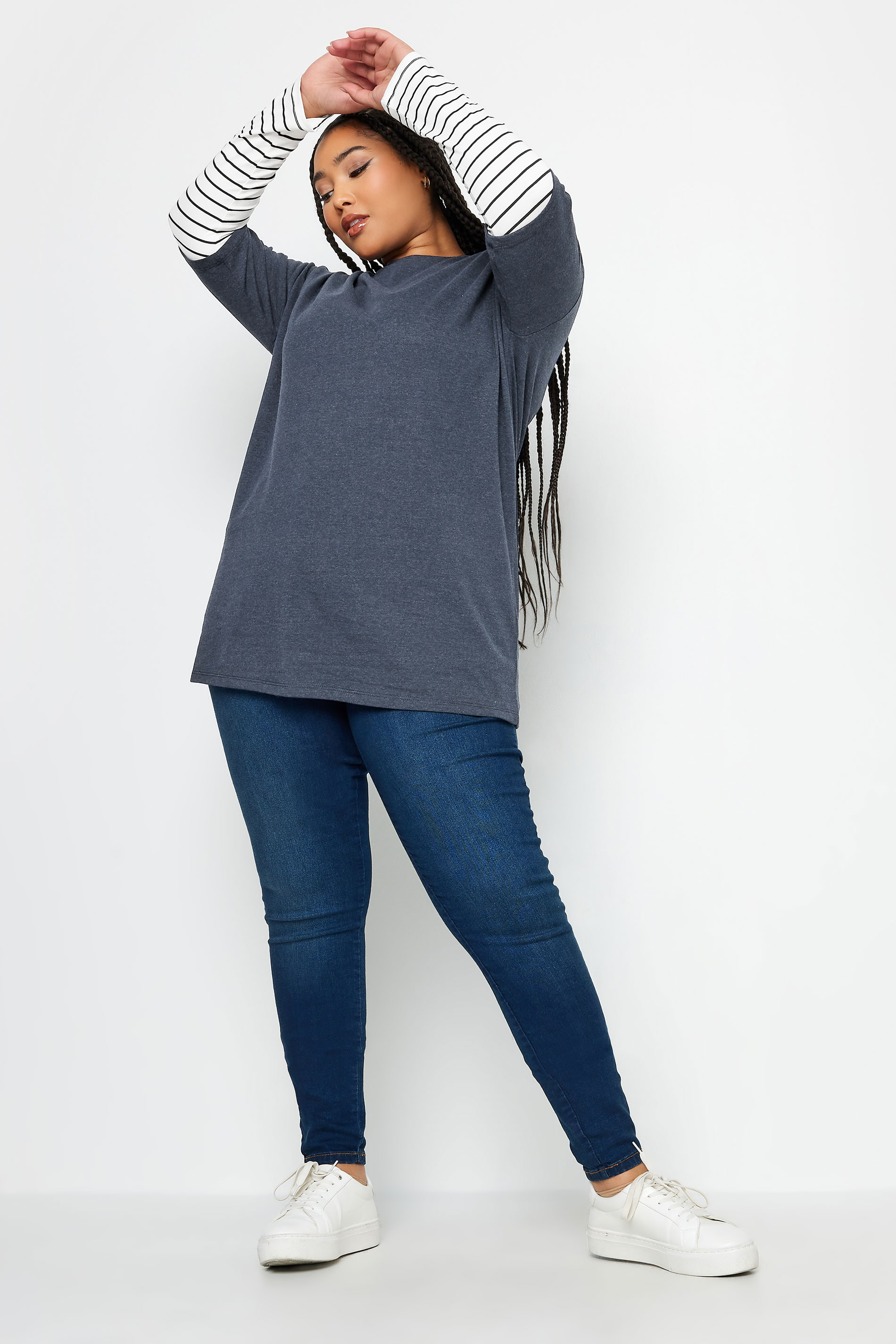 YOURS Plus Size Navy Blue Stripe Sleeve Double Layer T-Shirt | Yours Clothing 2