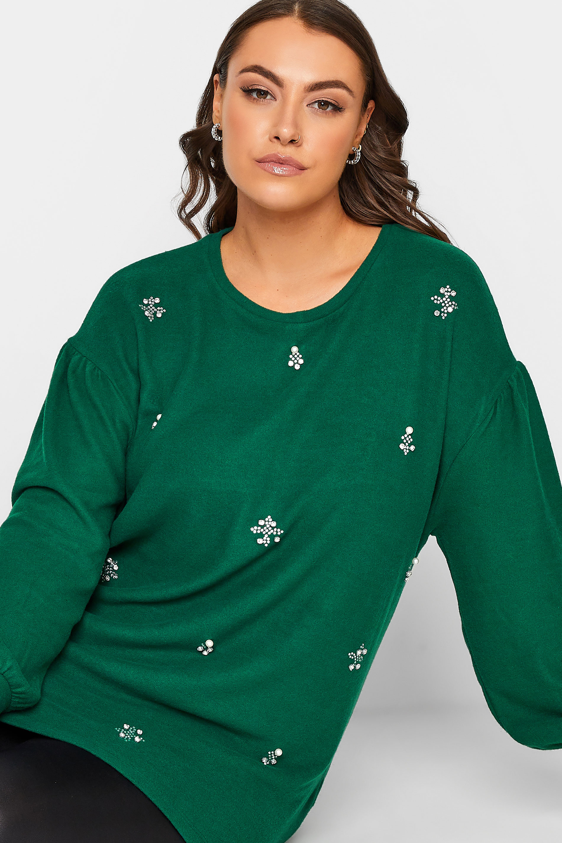 YOURS LUXURY Plus Size Green Diamante Embellished Soft Touch Jumper | Yours Clothing 1