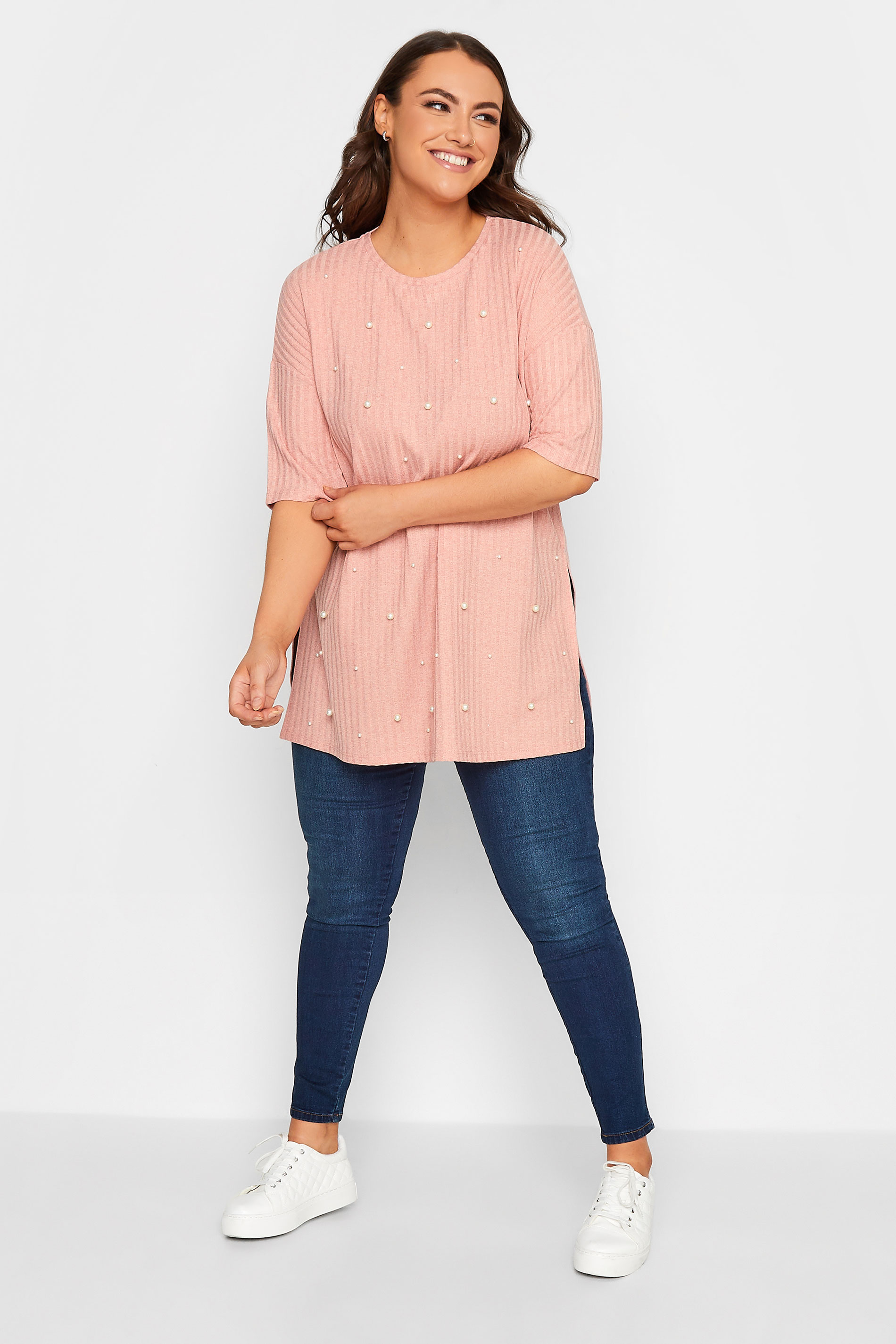 Plus Size Pink Pearl Embellished Split Hem Top | Yours Clothing 2