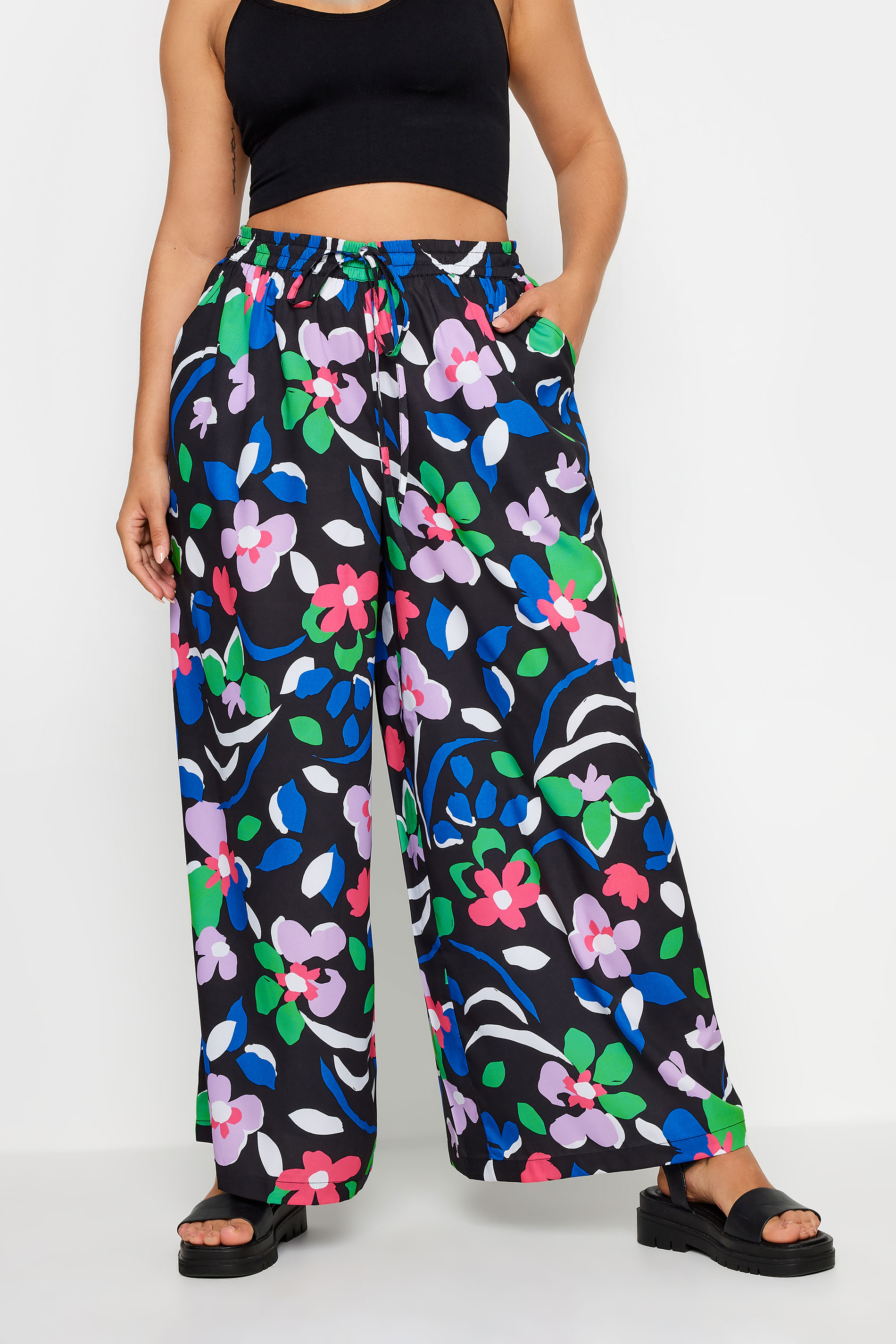 LIMITED COLLECTION Plus Size Black Floral Print Drawstring Wide Leg Trousers | Yours Clothing 1
