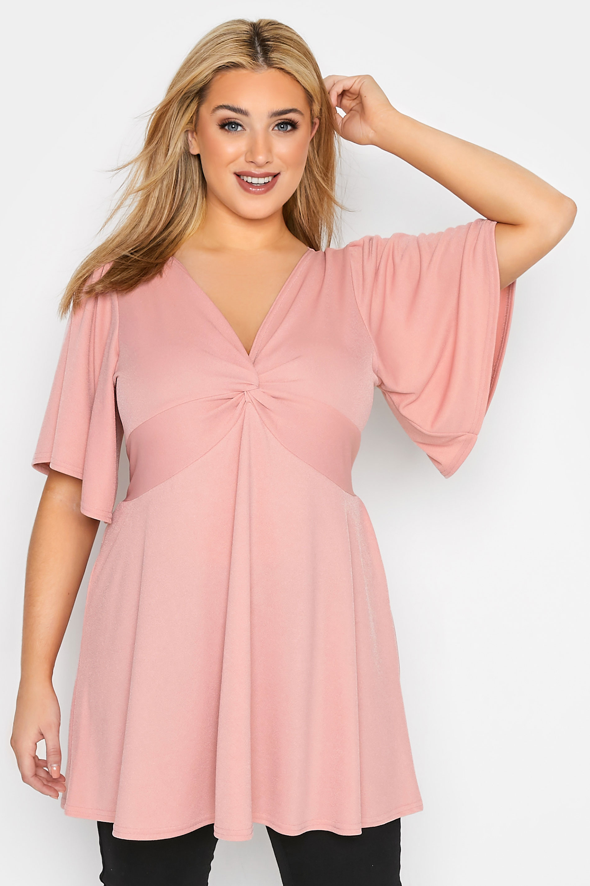 YOURS LONDON Plus Size Pink Knot Front Angel Sleeve Top | Yours Clothing 1