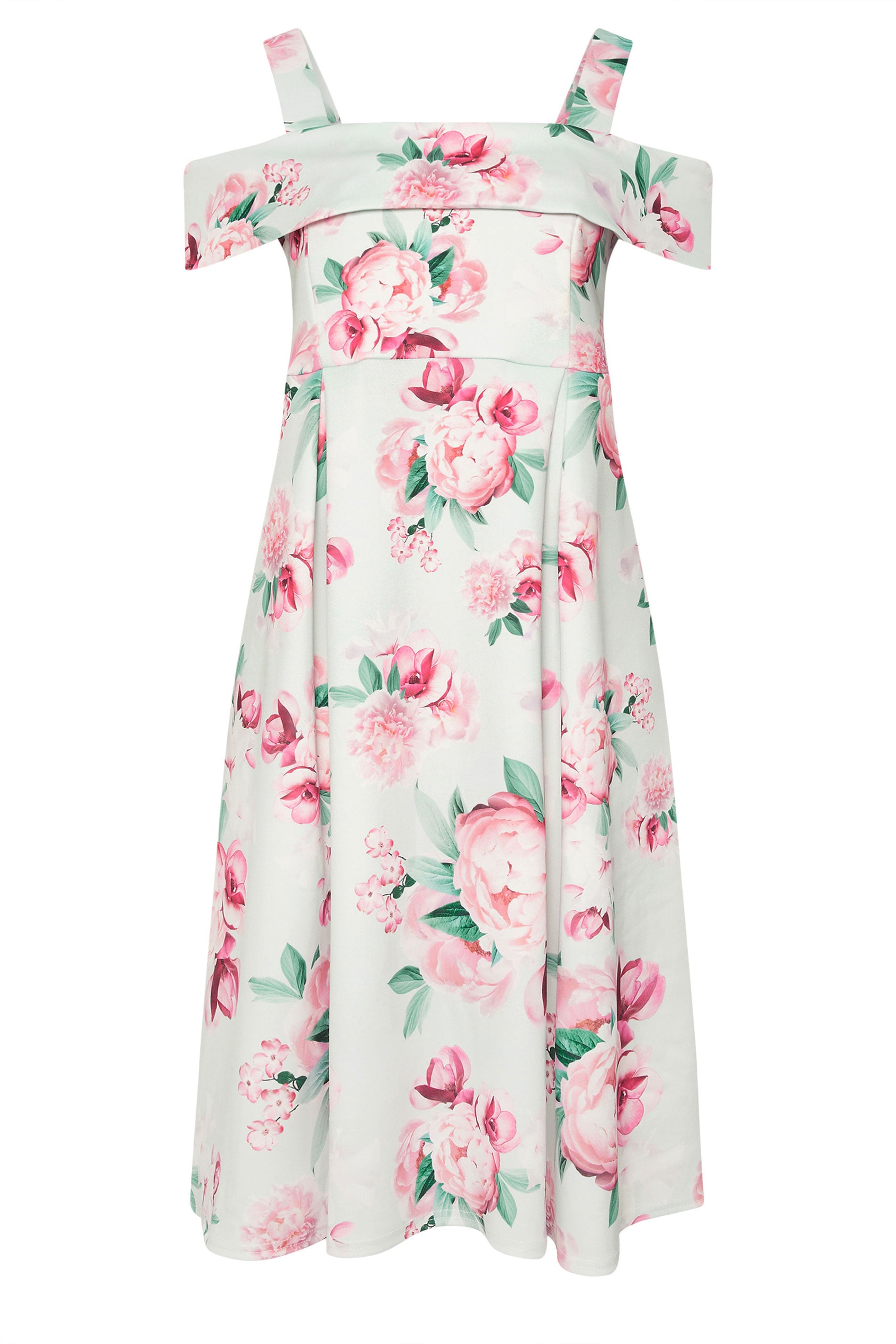 YOURS LONDON Plus Size Sage Green Cold Shoulder Floral Skater Dress | Yours Clothing 5