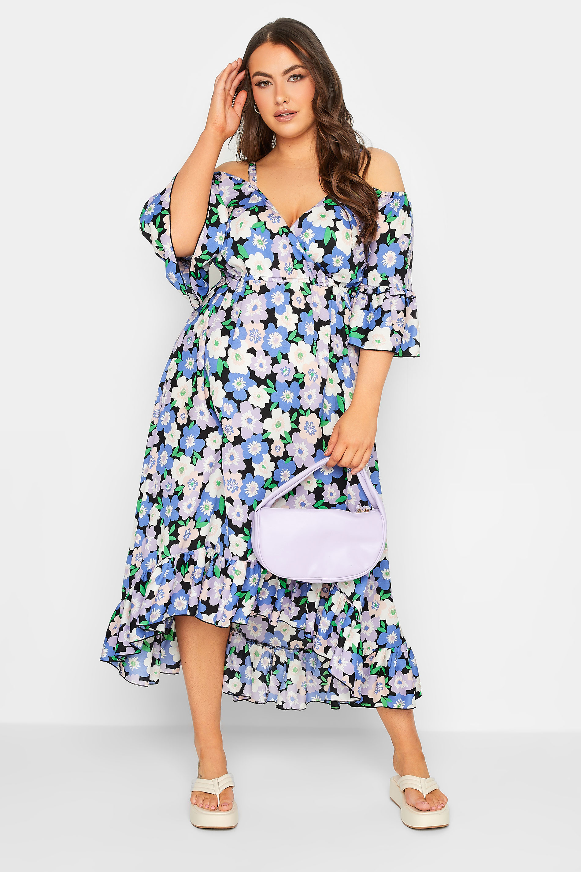 YOURS Plus Size Black Floral Cold Shoulder Midaxi Dress | Yours Clothing 2