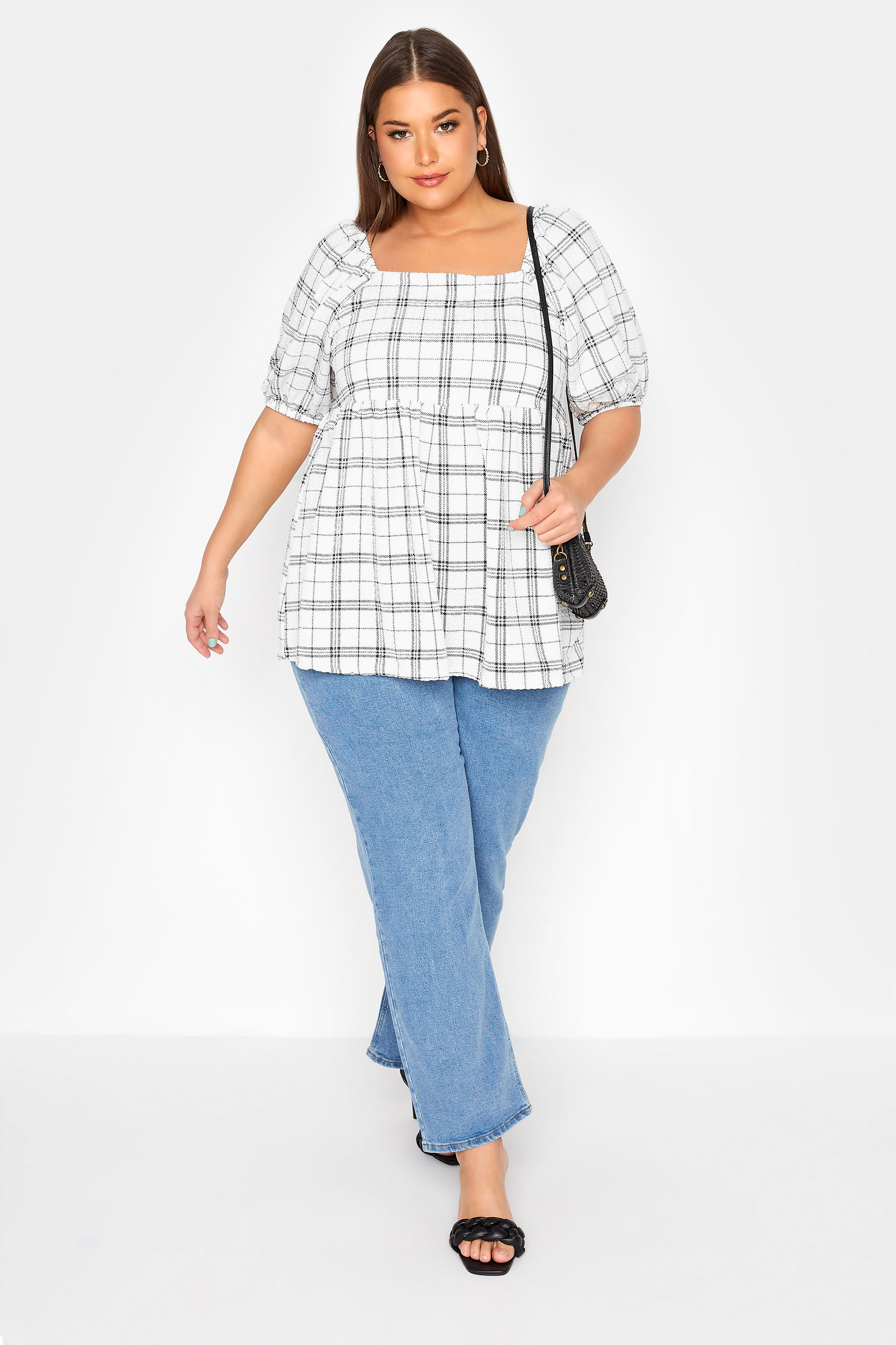 Grande taille  Tops Grande taille  Tops Casual | LIMITED COLLECTION - Top Blanc Milkmaid Smocké à Carreaux - BF70895