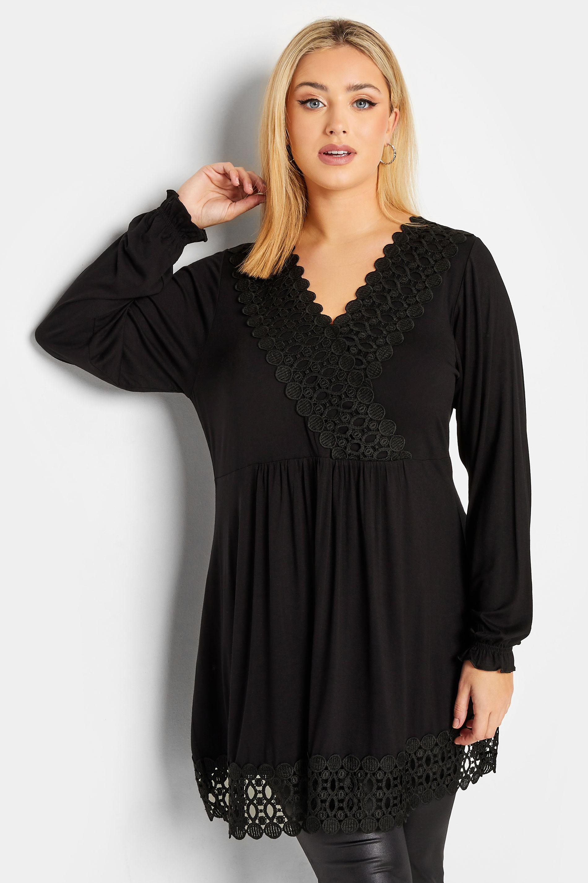 YOURS Plus Size Black Crochet Trim Tunic Top | Yours Clothing 1