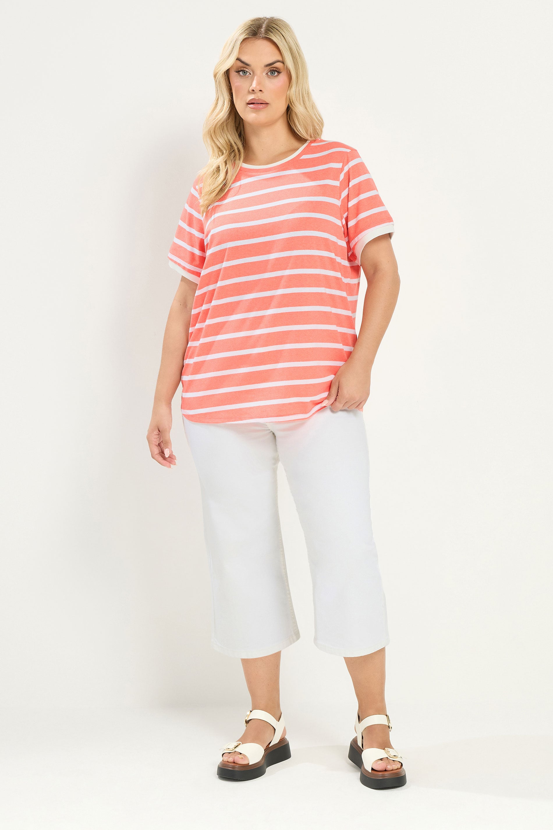 YOURS Plus Size Orange Stripe Ringer T-Shirt | Yours Clothing 1