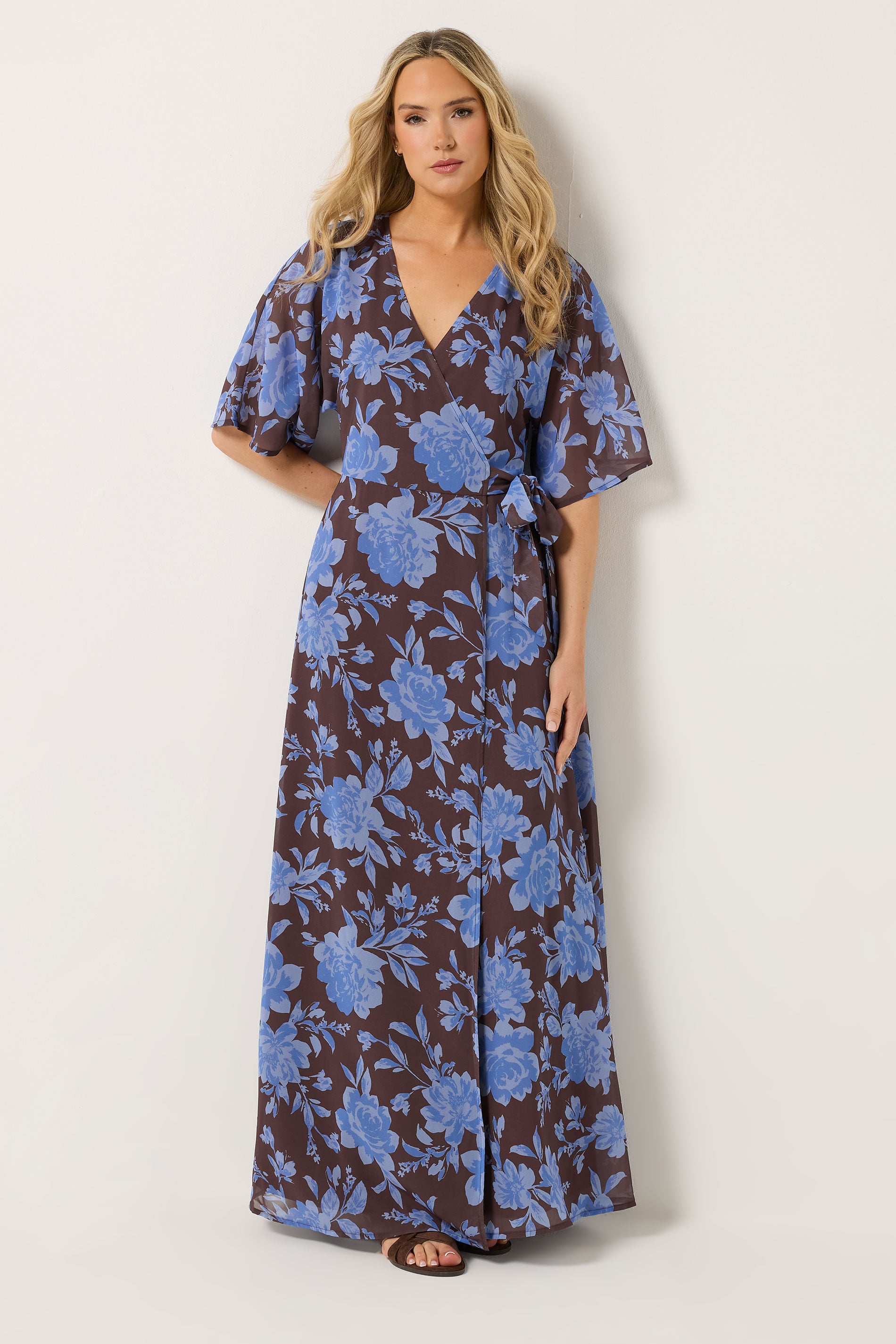 LTS Tall Women's Chocolate Brown & Blue Floral Wrap Maxi Dress | Long Tall Sally 3