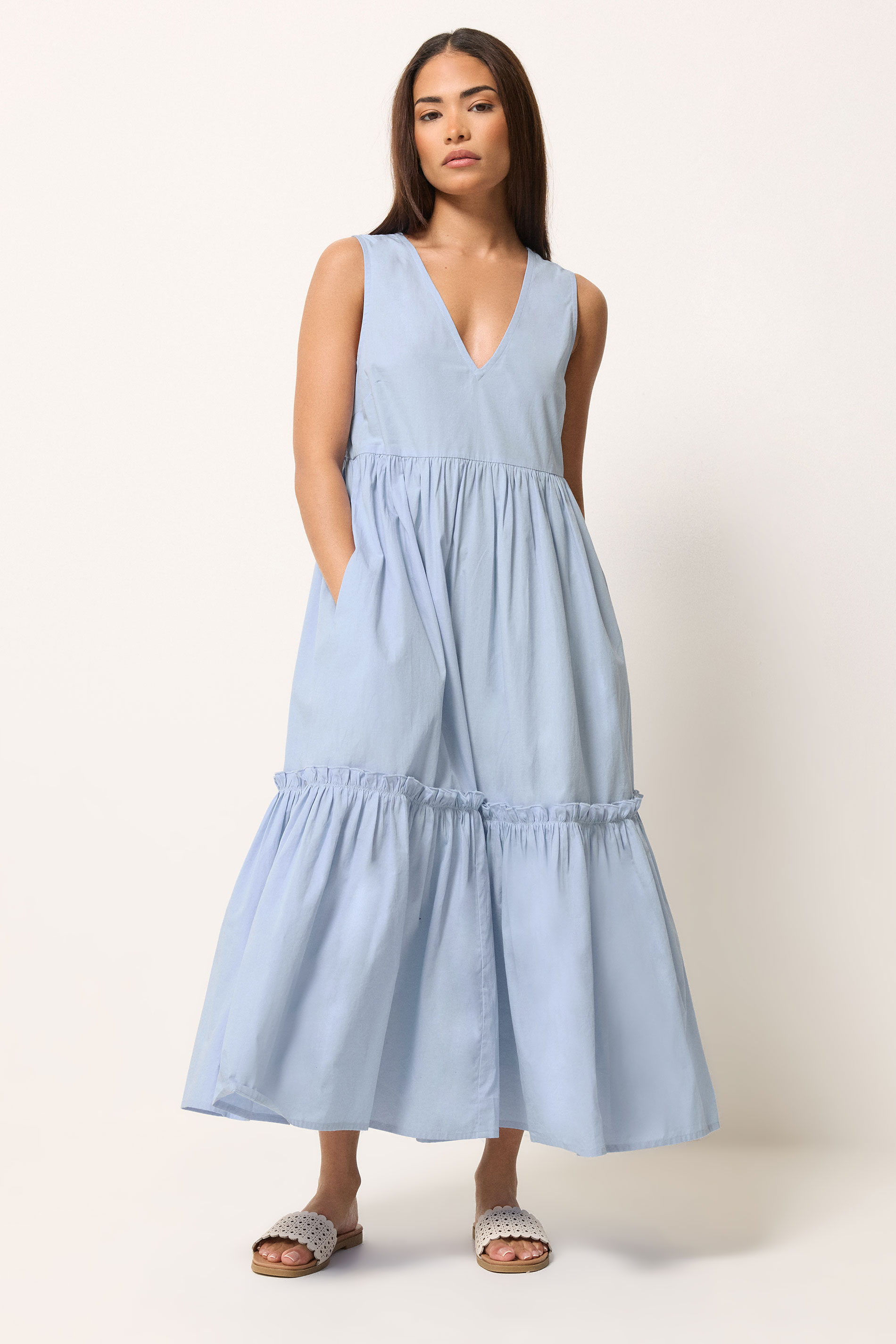 PixieGirl Petite Women's Light Blue Cotton Frill Tiered Midi Dress | PixieGirl 7