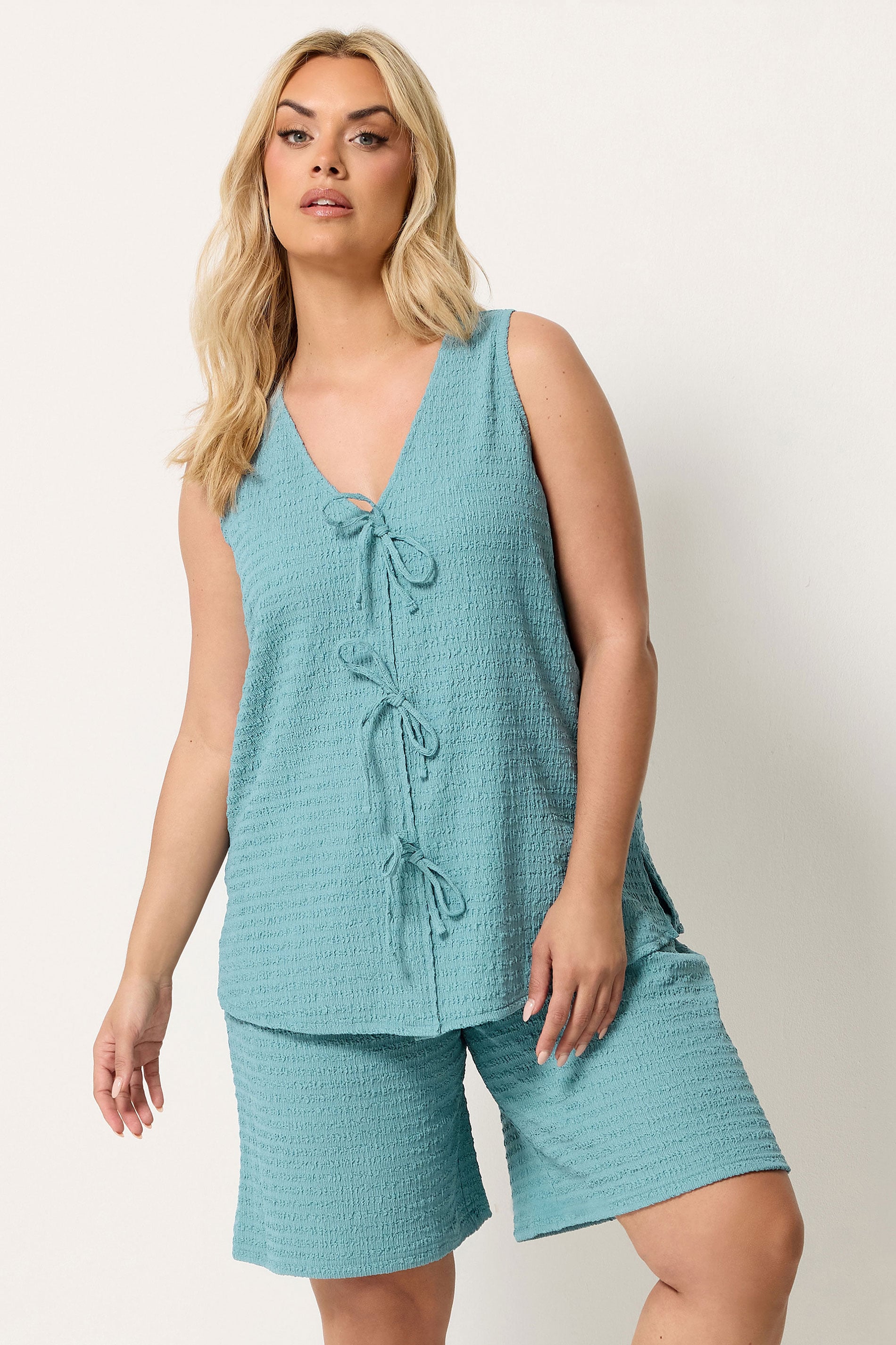 YOURS Plus Size Light Blue Textured Shorts | Yours Clothing 1