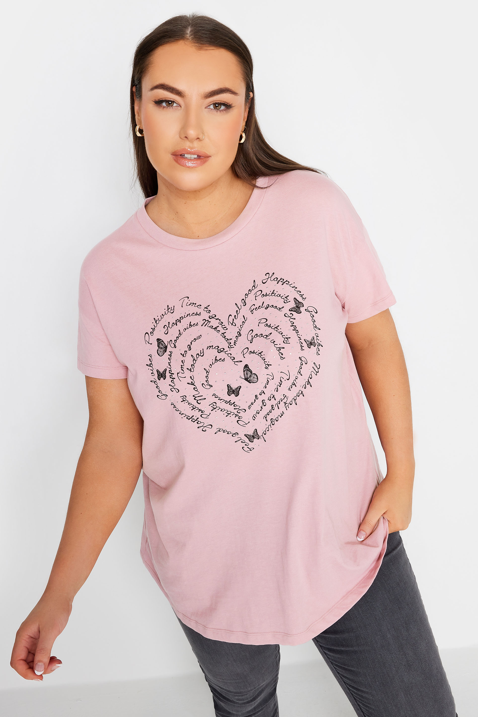YOURS Plus Size Pink Positivity Heart Print T-Shirt | Yours Clothing 1