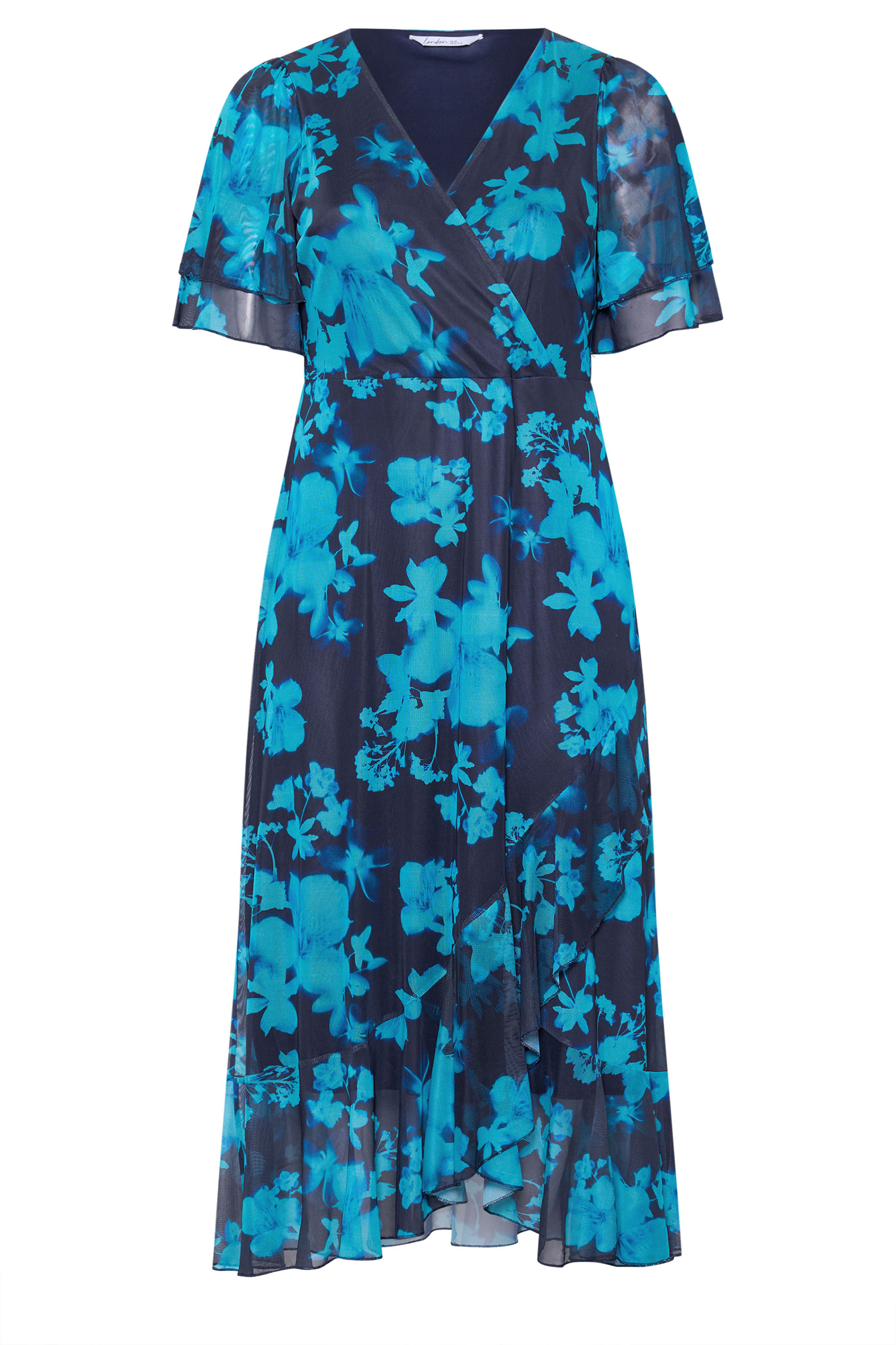 YOURS LONDON Plus Size Navy Blue Floral Mesh Ruffle Hem Dress | Yours Clothing 5