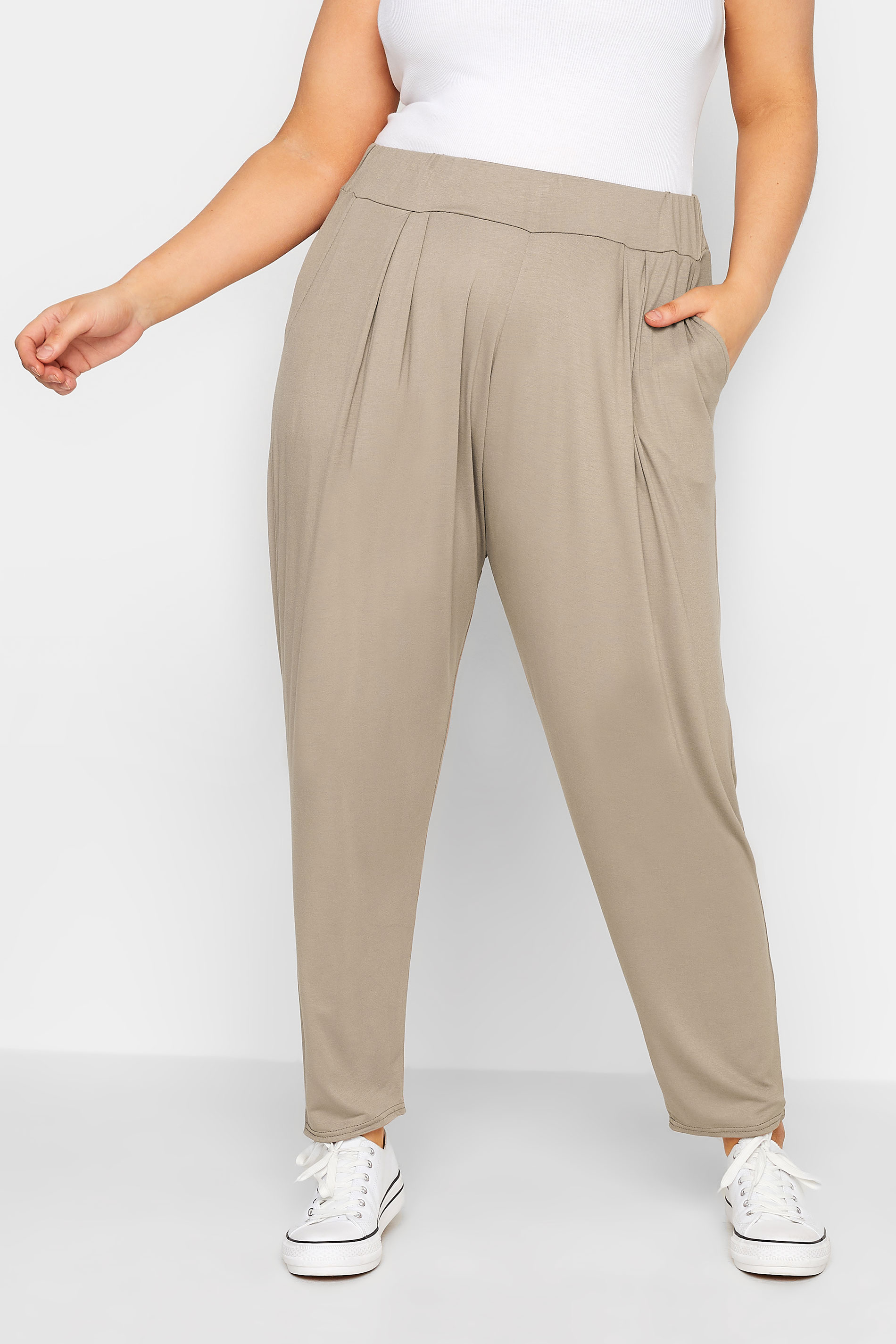 YOURS Plus Size Stone Brown Double Pleat Harem Trousers | Yours Clothing