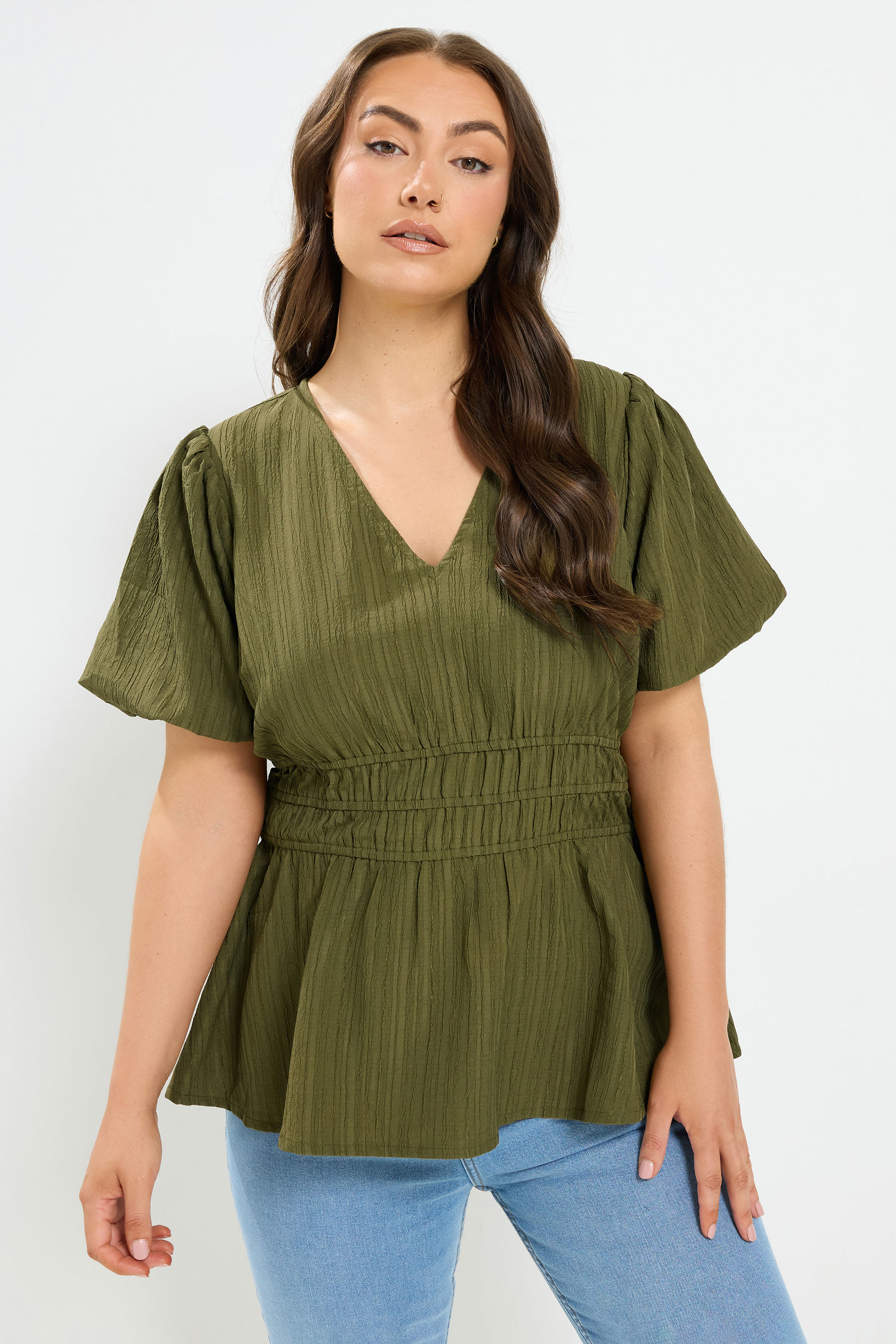 YOURS Plus Size Khaki Green Puff Sleeve Blouse | Yours Clothing 3