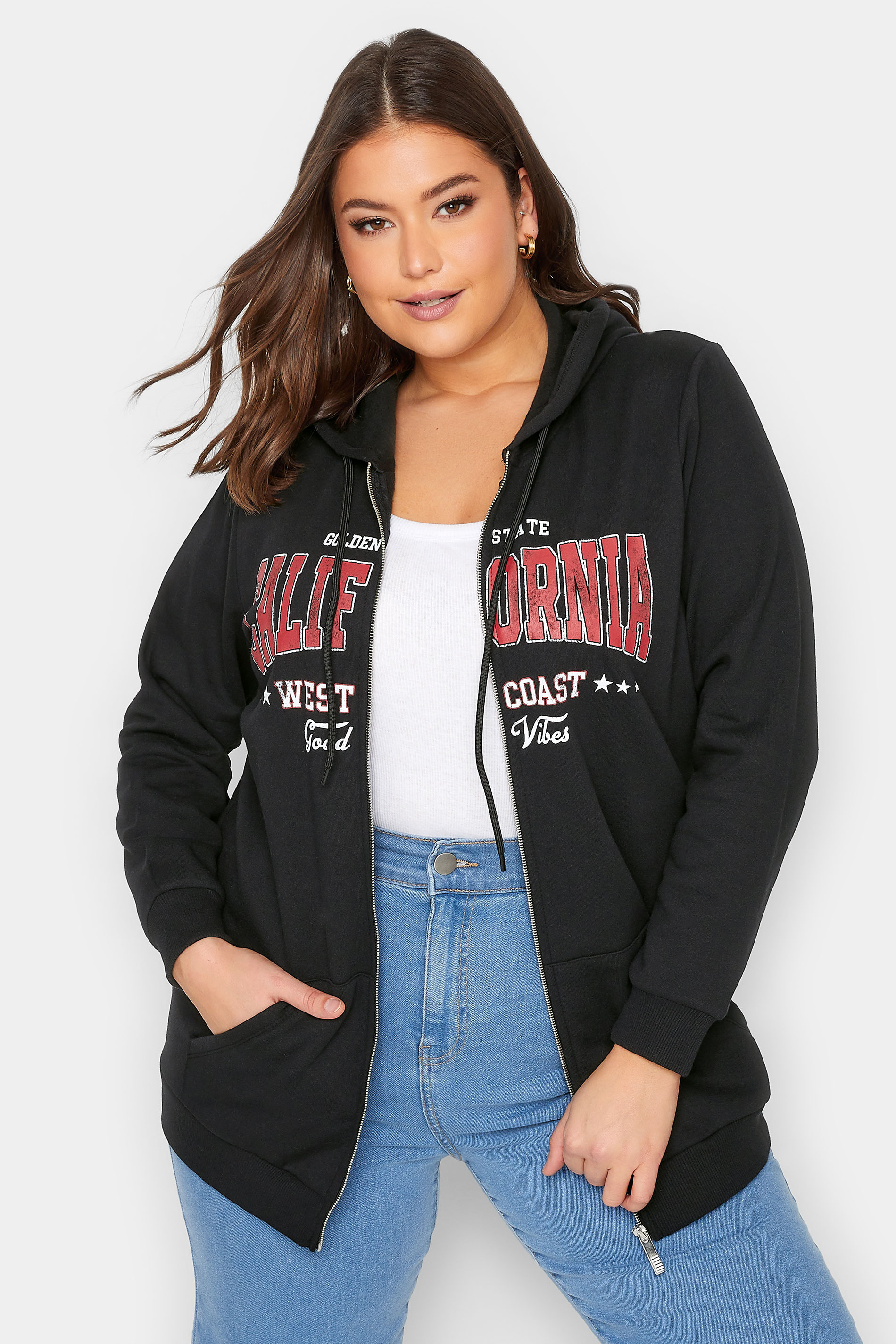 YOURS Curve Plus Size Black 'California' Slogan Zip Up Hoodie | Yours Clothing  1