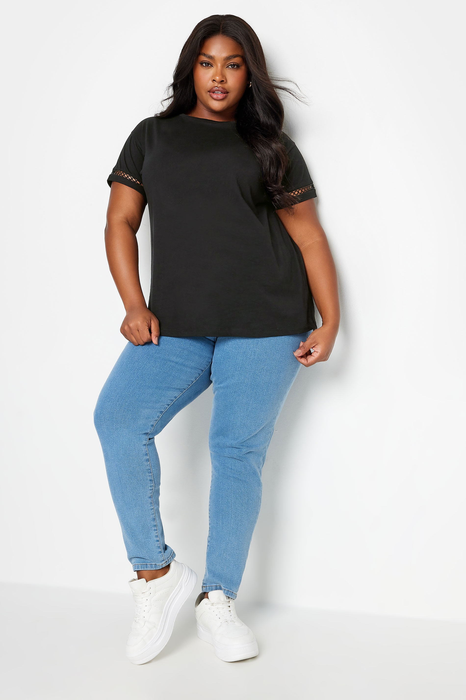 LIMITED COLLECTION Plus Size Black Crochet Trim Short Sleeve T-Shirt | Yours Clothing 2