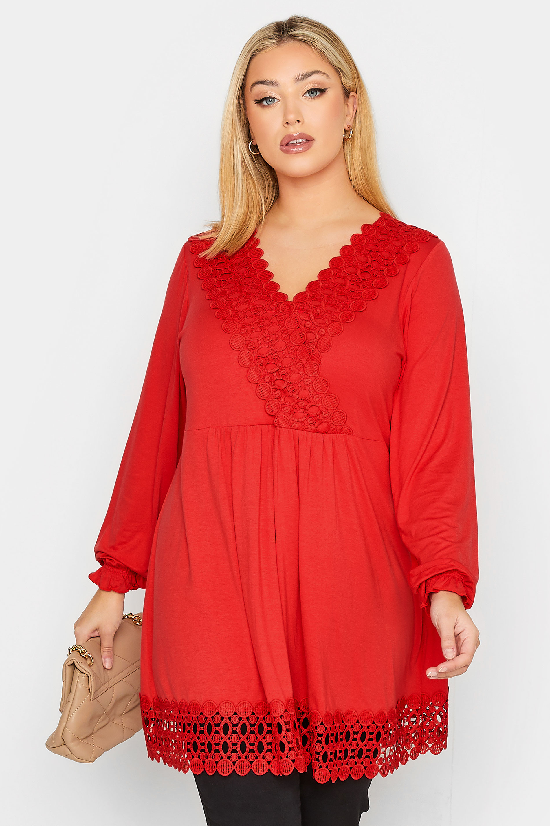 YOURS Plus Size Curve Red Crochet Long Sleeve Tunic Top | Yours Clothing  1