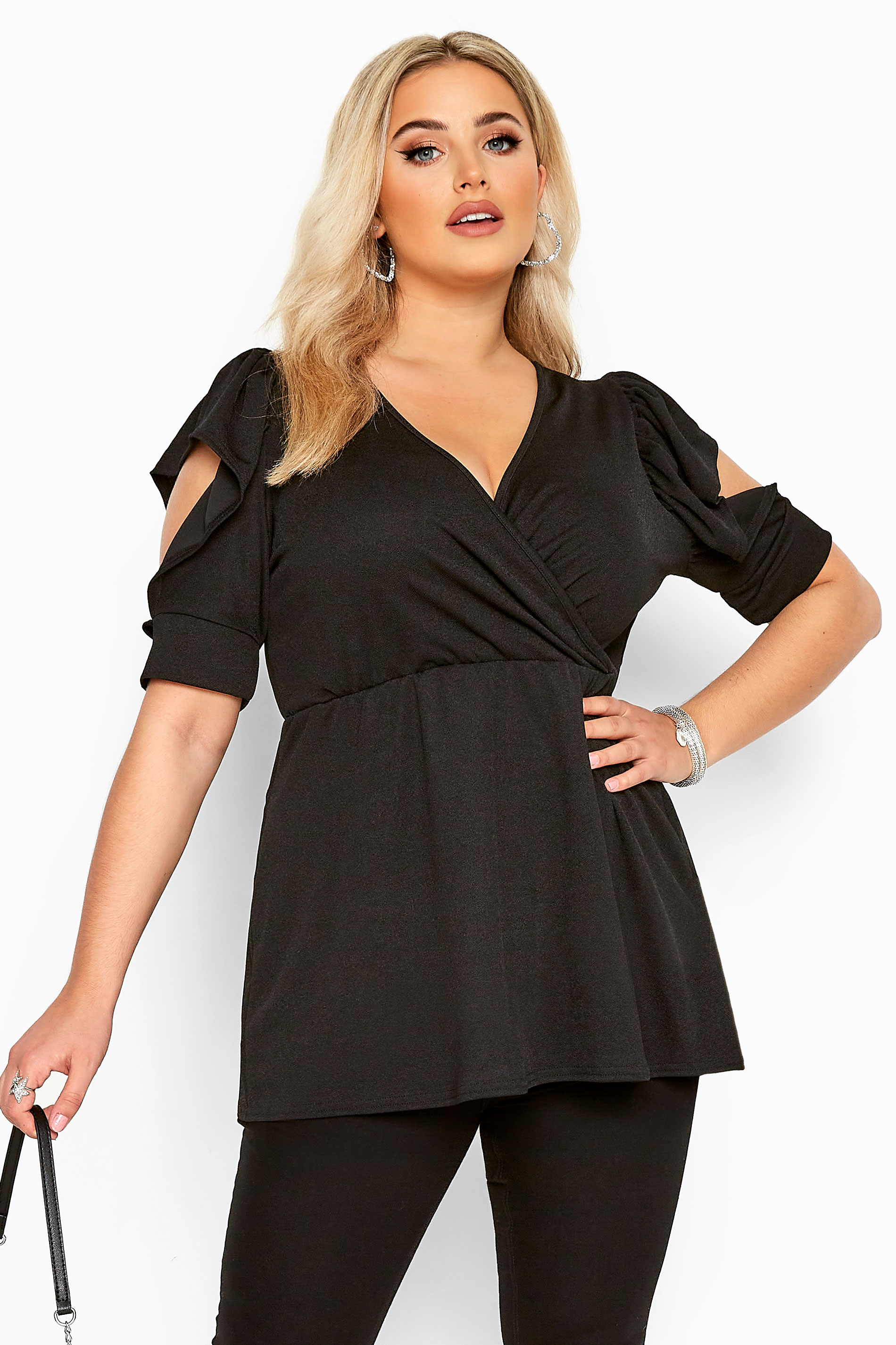 YOURS LONDON Black Open Angel Sleeve Wrap Top | Yours Clothing