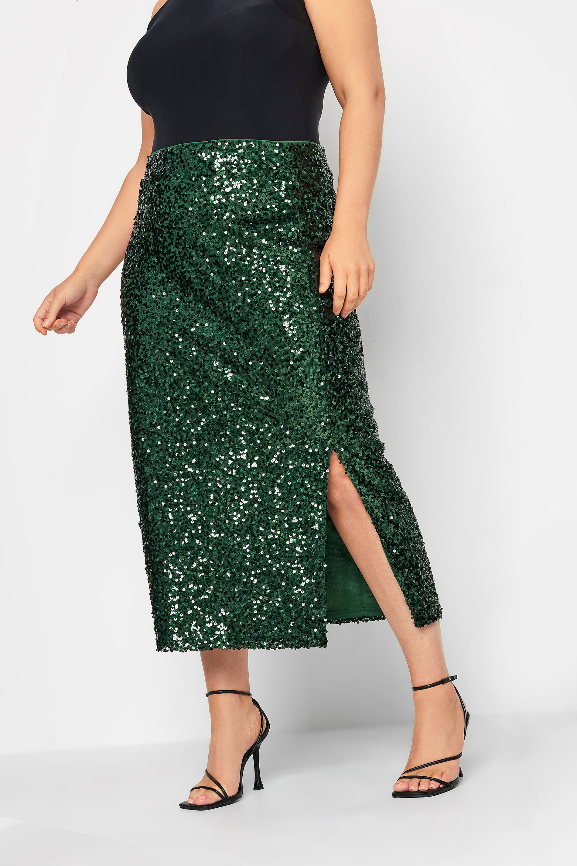 YOURS LONDON Plus Size Green Sequin Embellished Maxi Tube Skirt | Yours Clothing 1