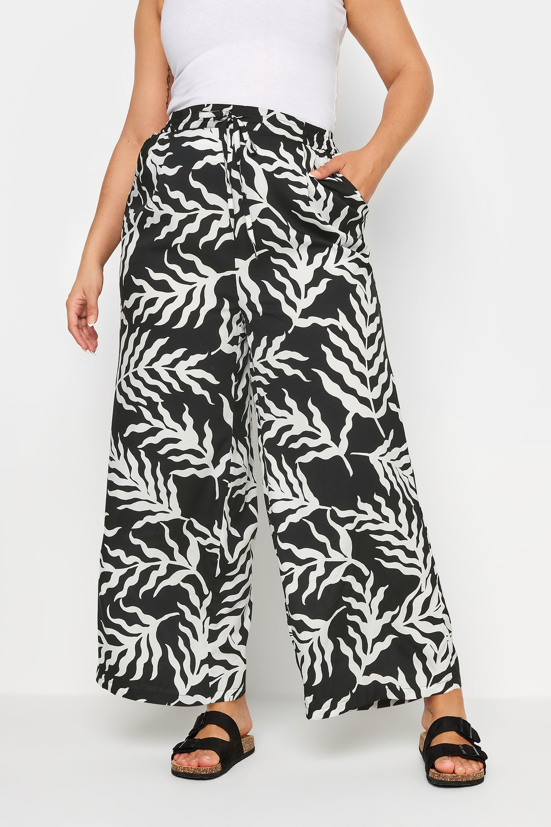 LIMITED COLLECTION Plus Size Black Leaf Print Drawstring Wide Leg Trousers | Yours Clothing 2