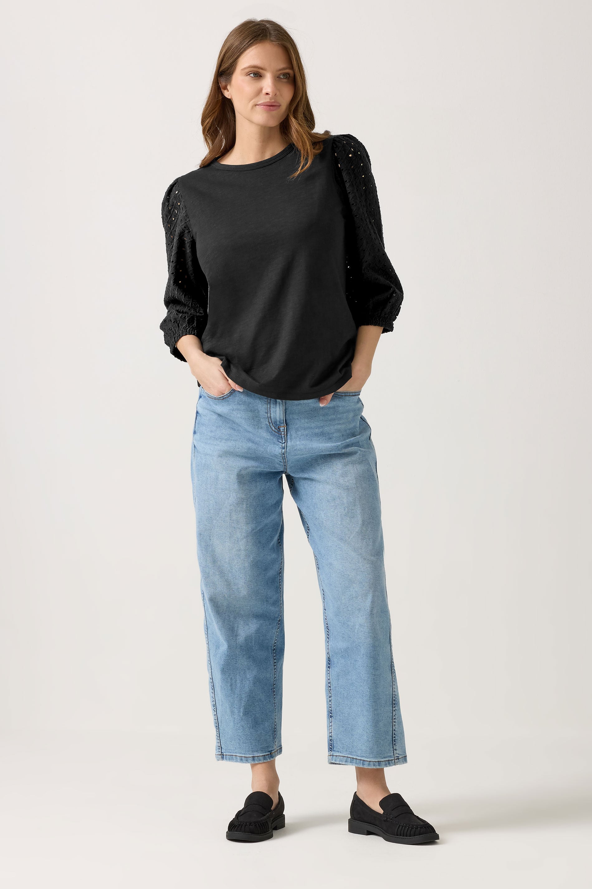 M&Co Black Broderie Cotton Puff Sleeve Top | M&Co 1
