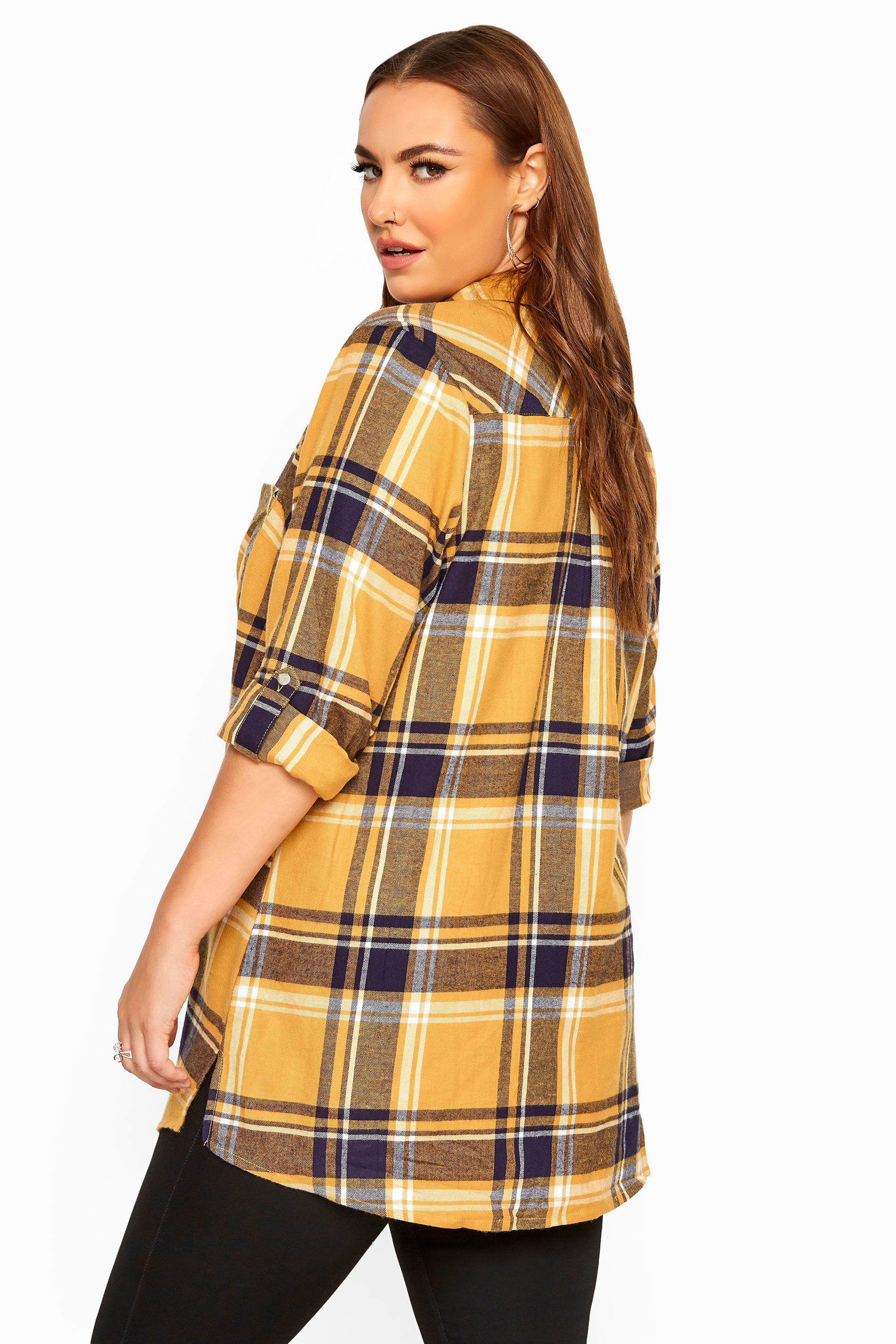 Mustard Yellow Check Studded Boyfriend Shirt | Yours Clothing