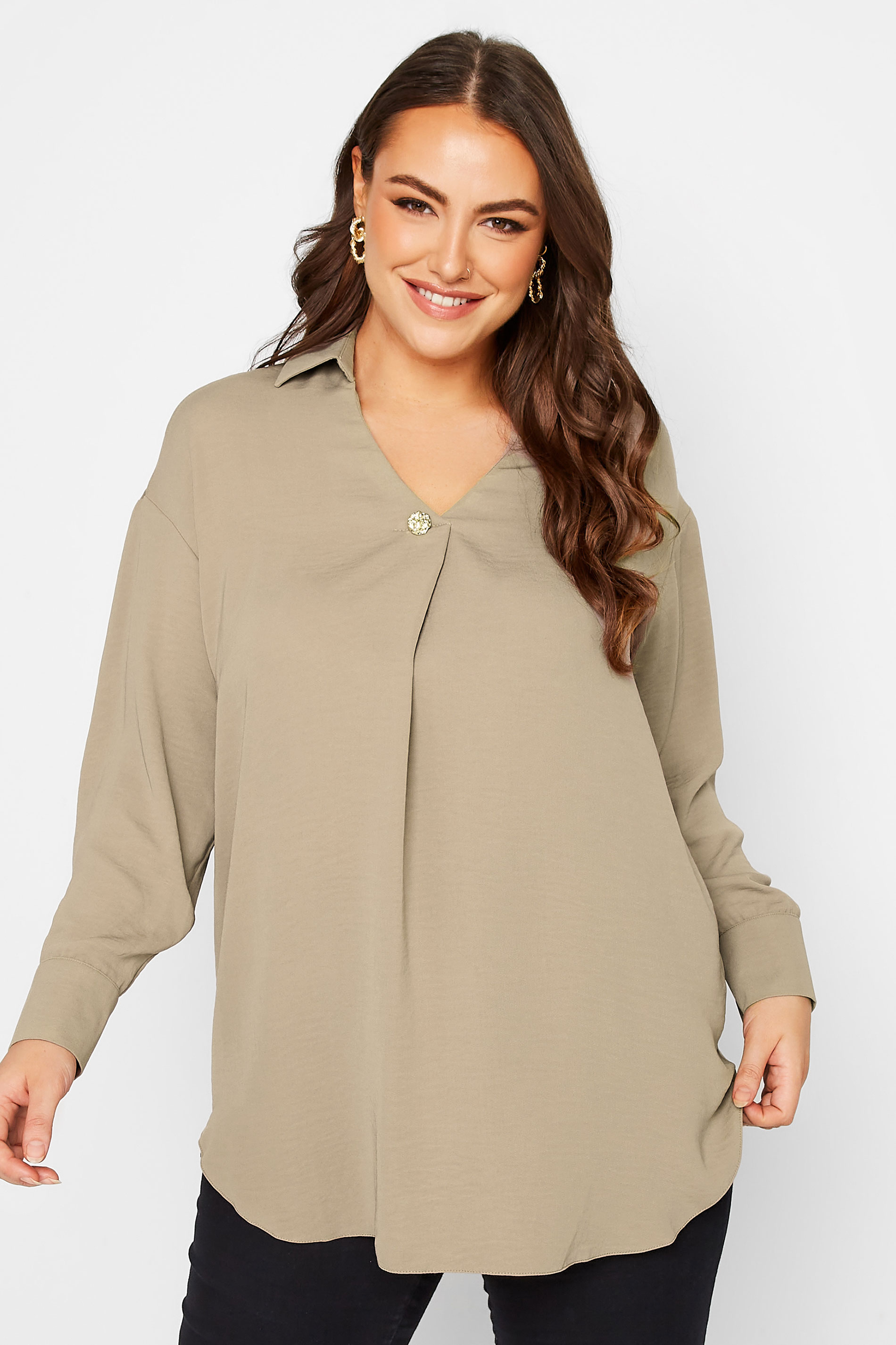 YOURS LONDON Plus Size Womens Curve Beige Brown Button Blouse | Yours Clothing 1