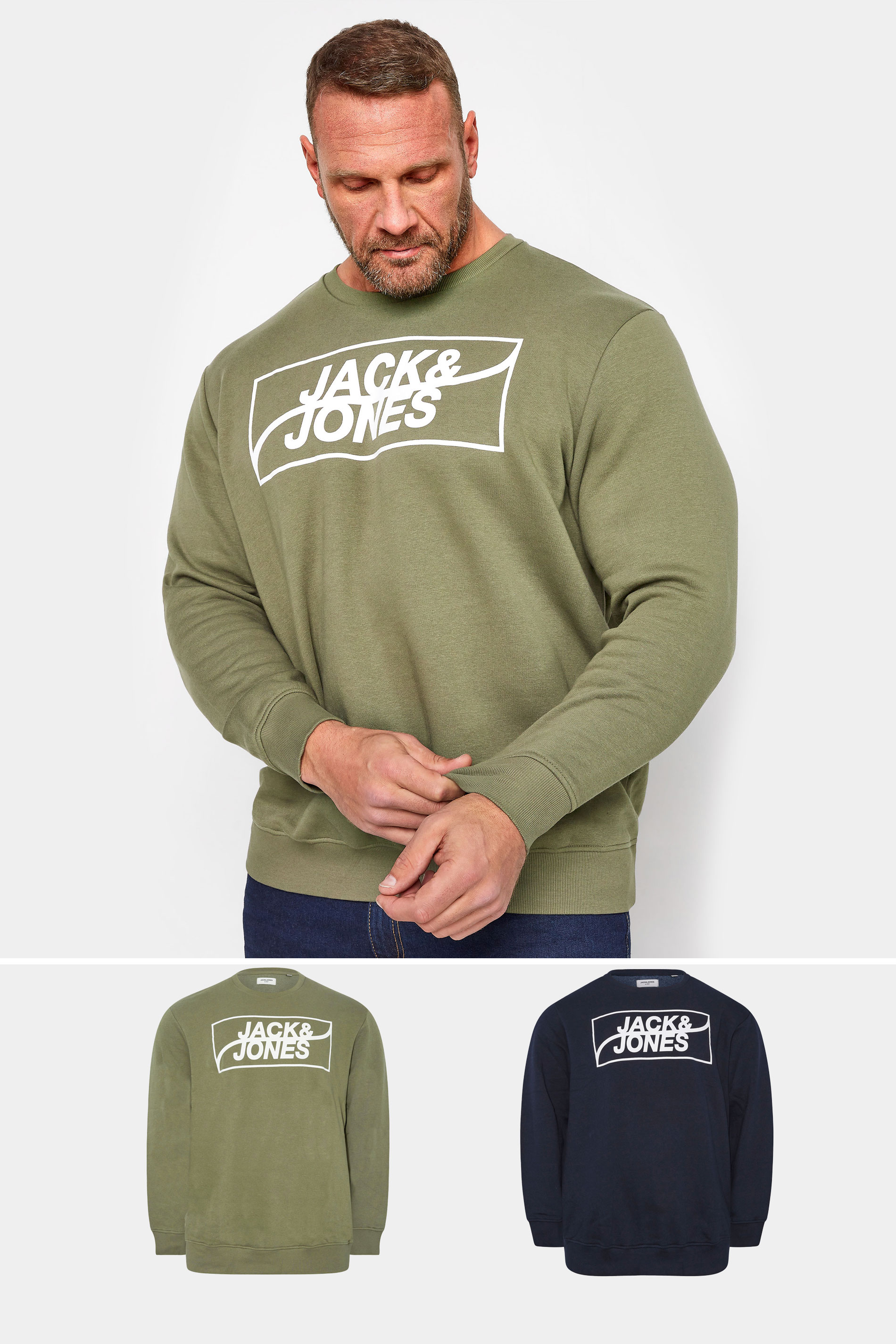 JACK & JONES Big & Tall 2 PACK Navy Blue & Khaki Green Logo Sweatshirts 1
