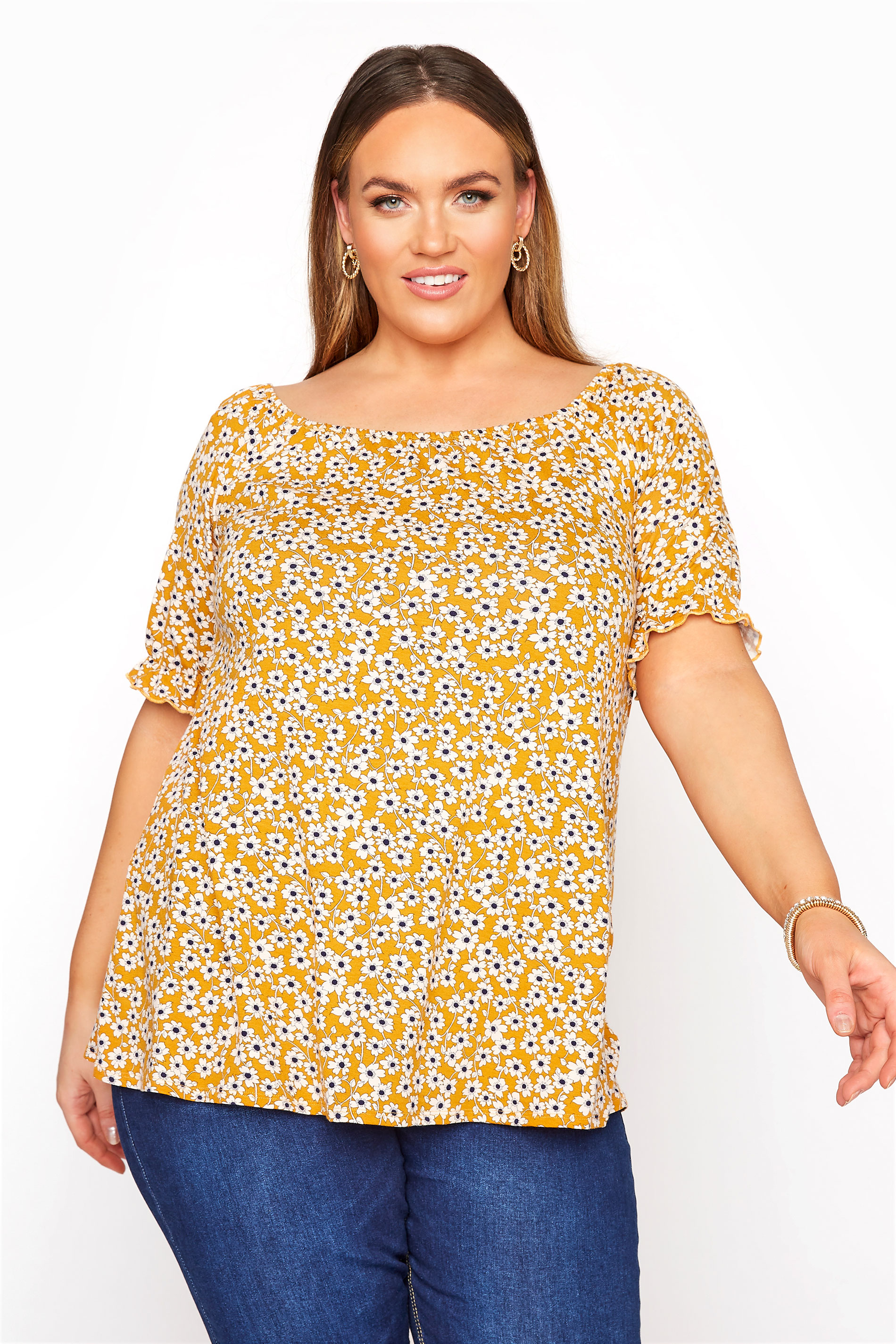 Mustard Floral Scoop Neck Top | Yours Clothing