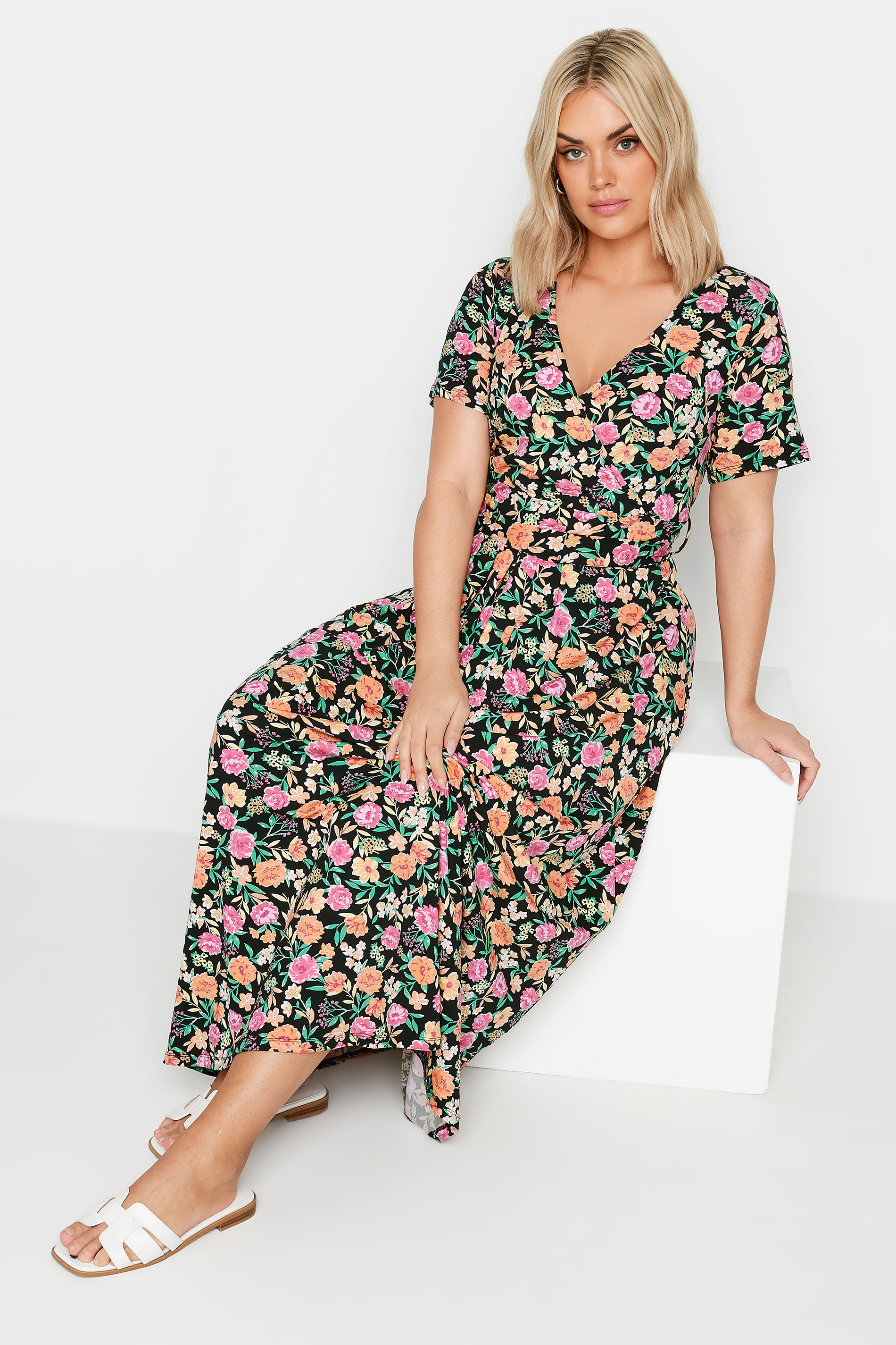 YOURS Plus Size Pink & Orange Floral Print Wrap Maxi Dress | Yours Clothing 2
