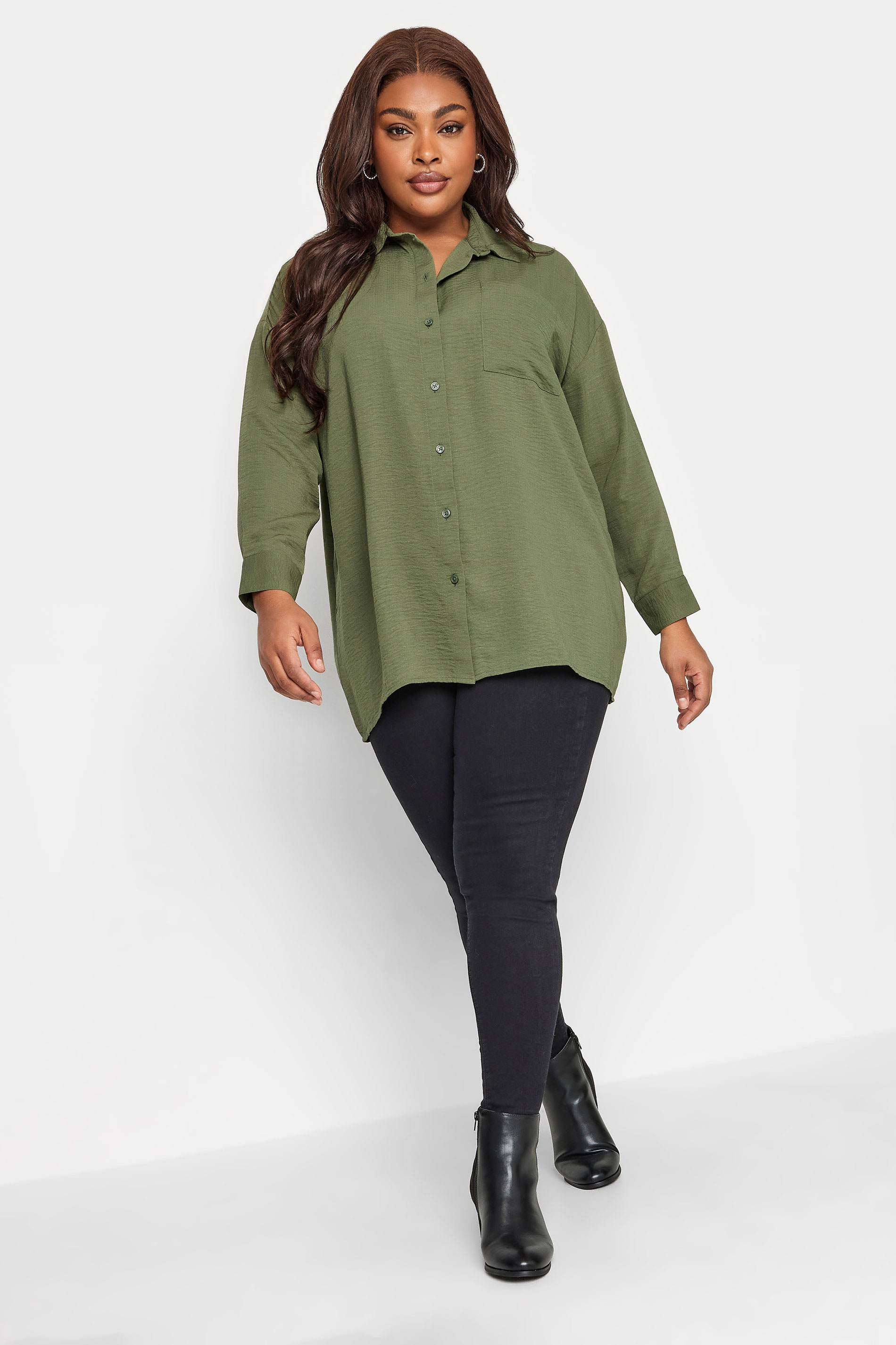 YOURS Curve Plus Size Khaki Green Textured Boyfriend Shirt | Yours Clothing 3
