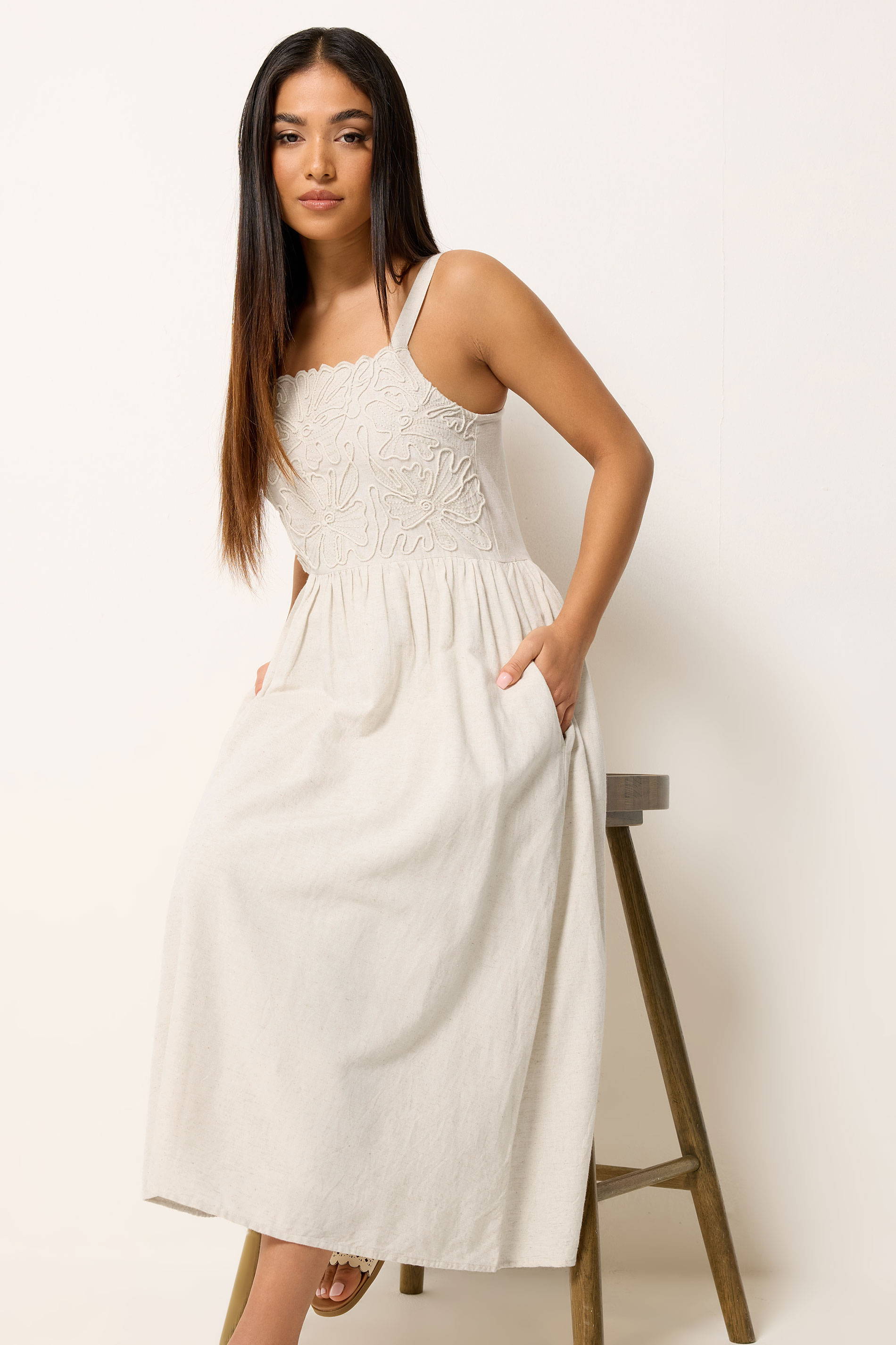 M&Co Petite Natural Brown Linen Embroidered Trim Maxi Dress | M&Co 3