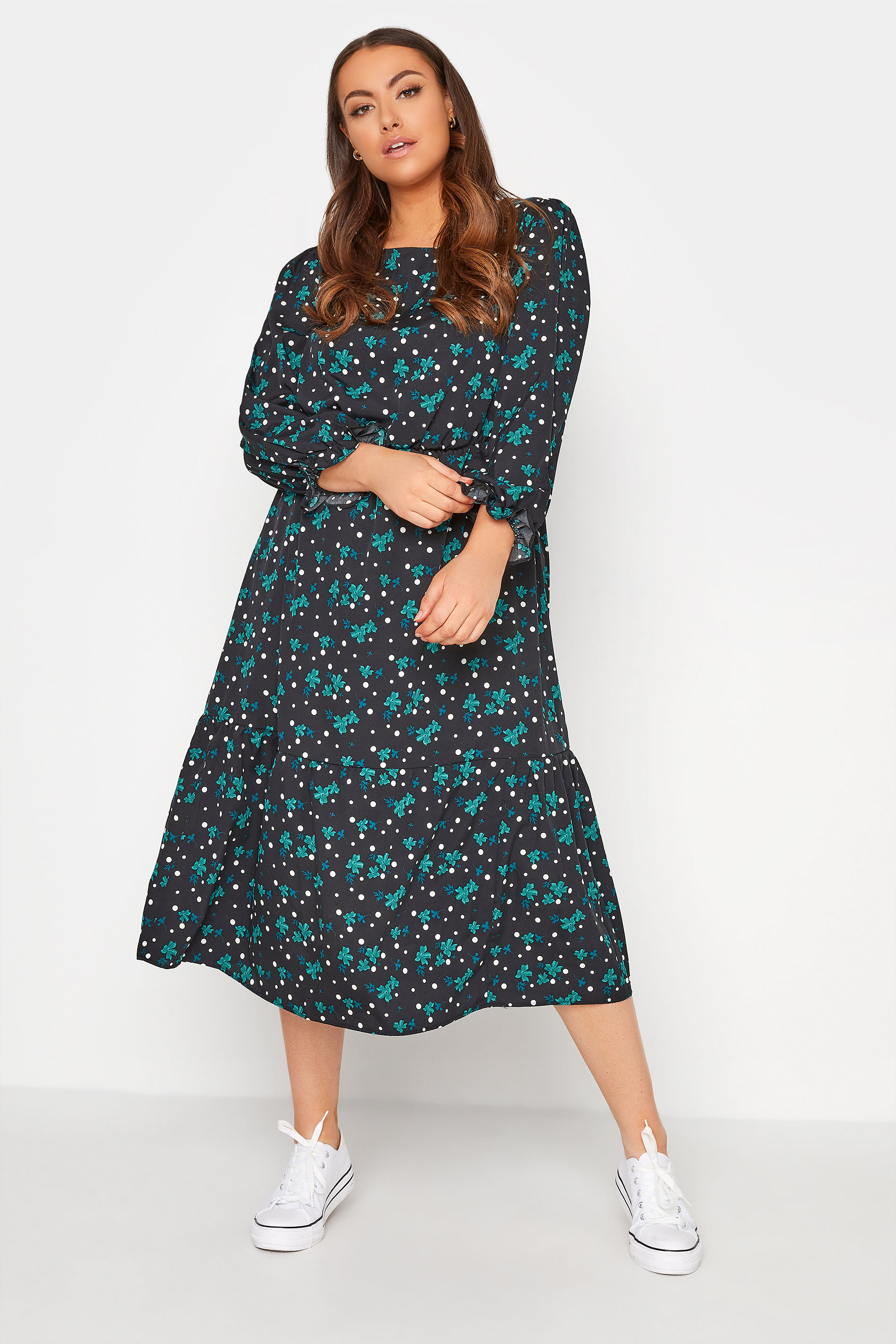 LIMITED COLLECTION Plus Size Black Floral Spot Tiered Smock Midaxi Dress | Yours Clothing 1