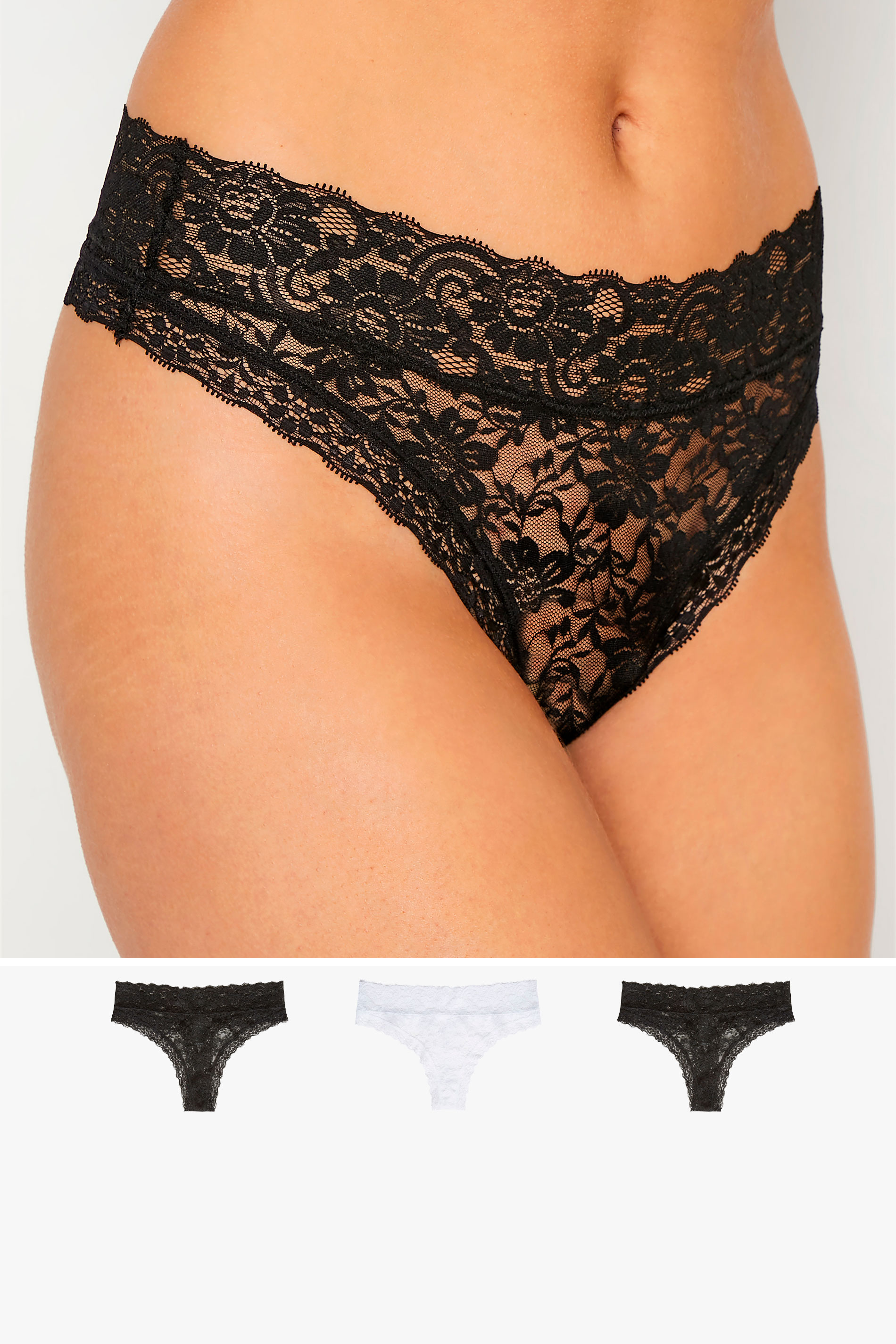 3 PACK Tall Black & White Floral Lace Thongs 1