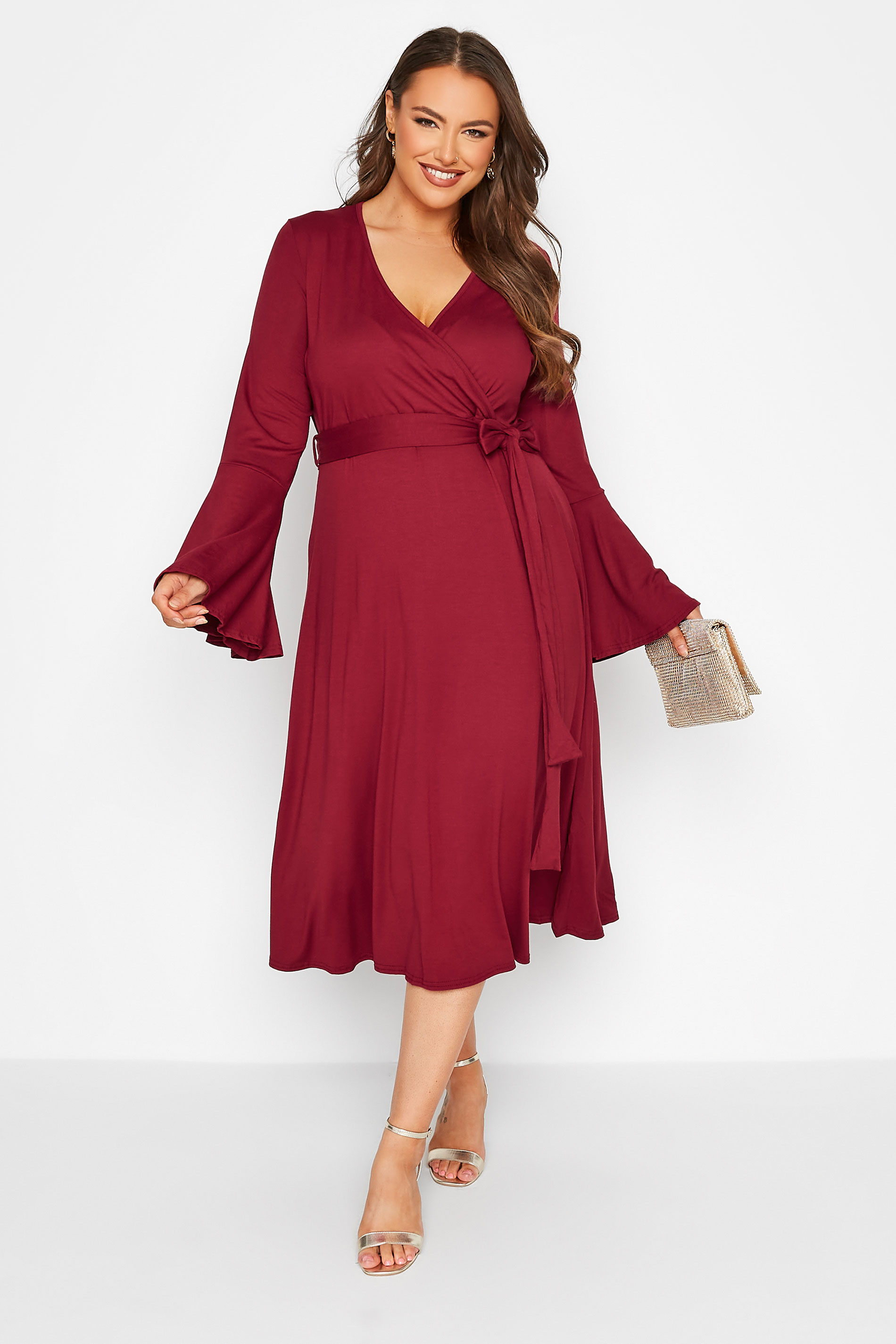 LIMITED COLLECTION Plus Size Wine Red Flare Sleeve Wrap Dress | Yours Clothing 2