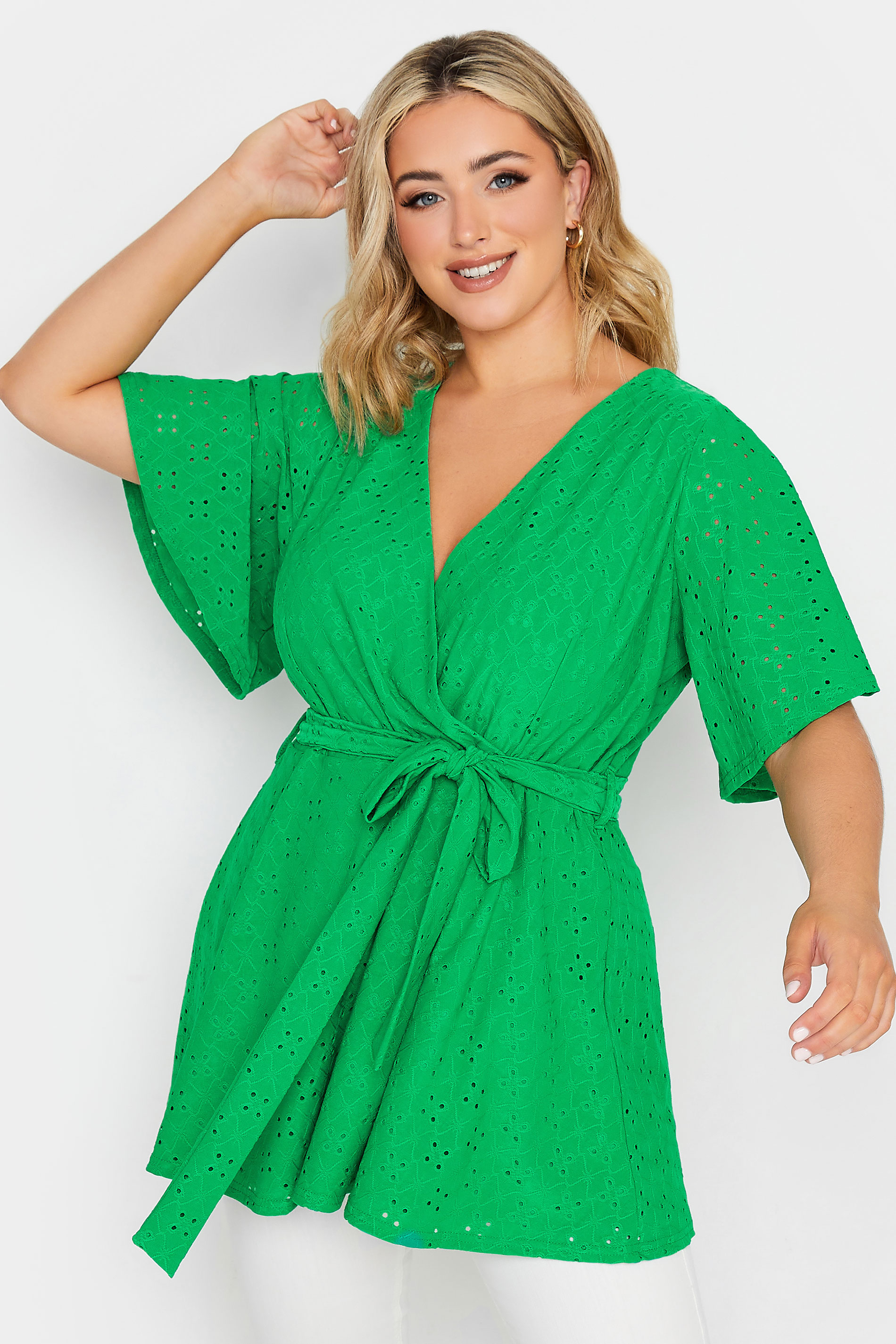 YOURS Curve Plus Size Green V-Neck Broderie Anglaise Wrap Top | Yours Clothing  1