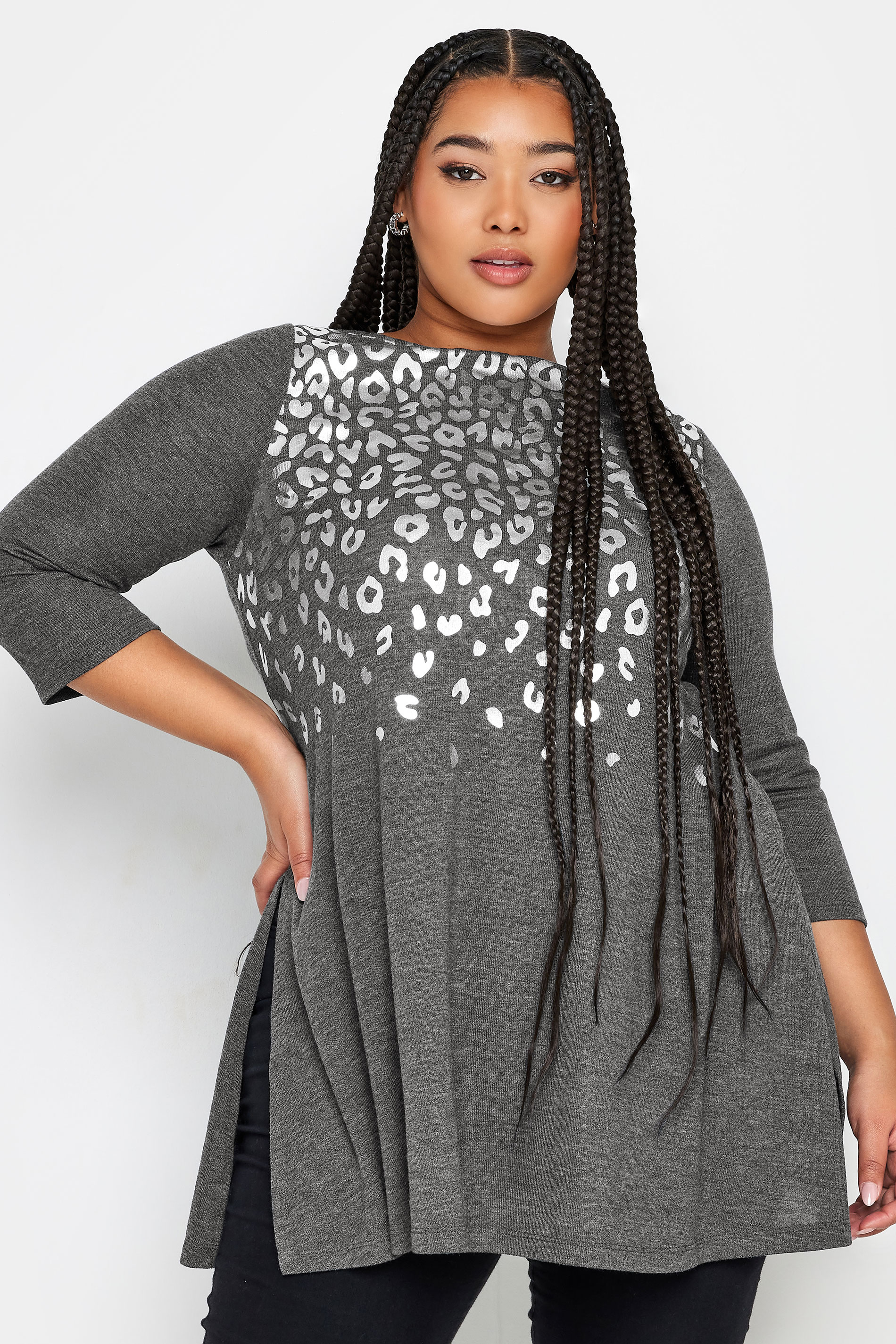YOURS Plus Size Grey Foil Leopard Print Top | Yours Clothing 1